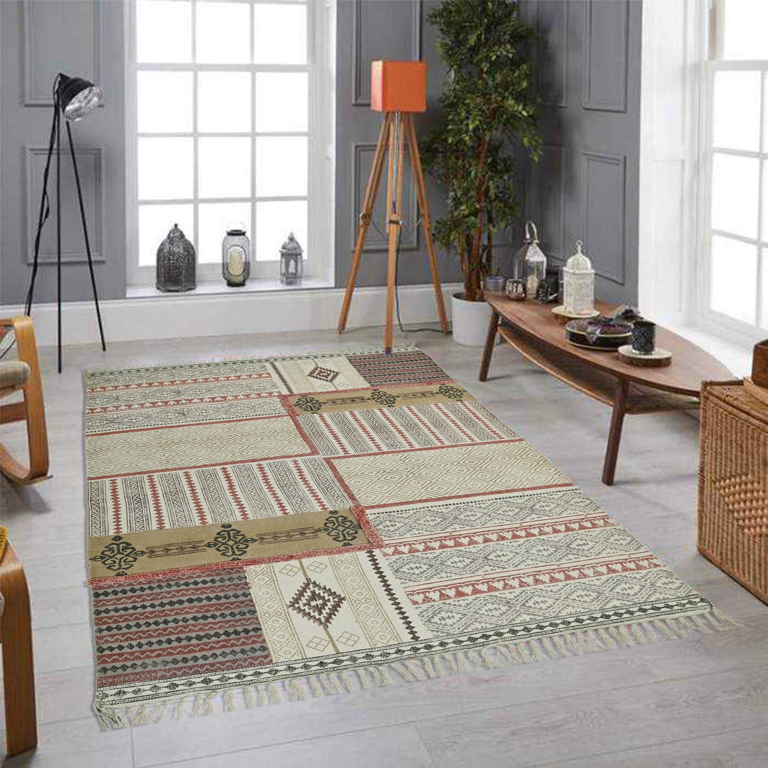 Detail of traditional block-print on black dhurrie rug — Art Avenue