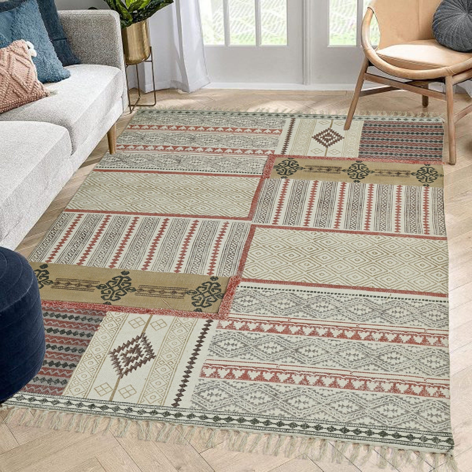 Kota Block-Printed Cotton Dhurrie Rug in Black & Mustard — Art Avenue
