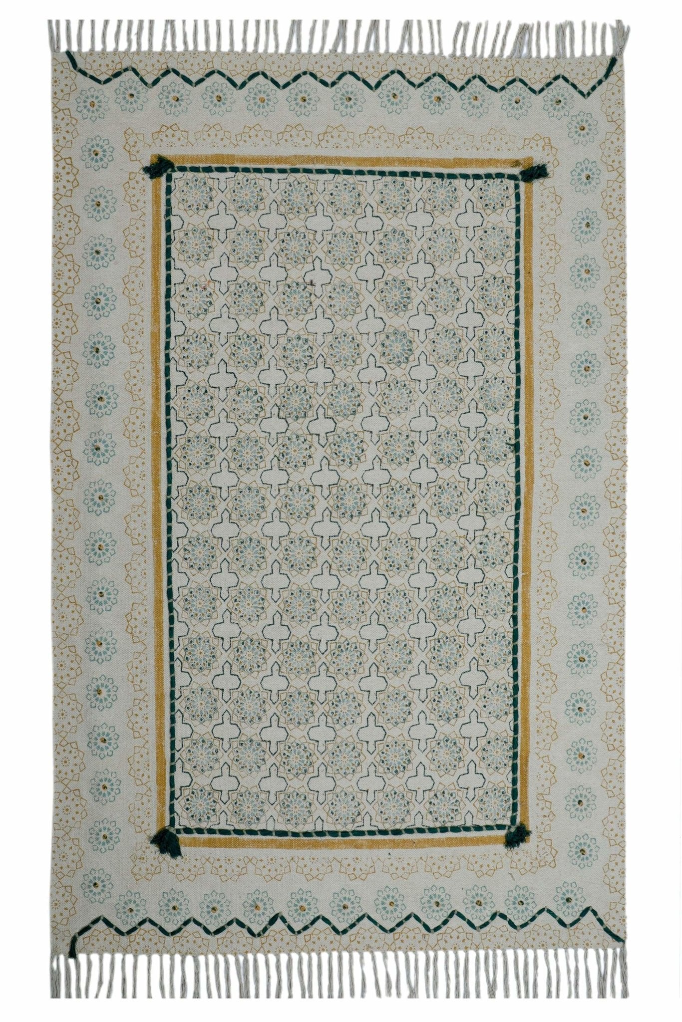 Block-Printed Cotton Dhurrie Rug in Green Floral — Art Avenue