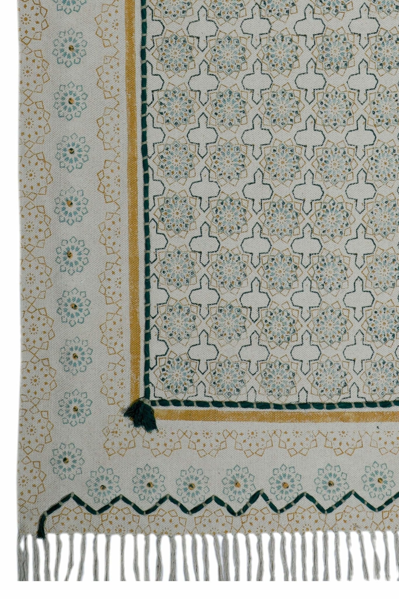 Block-printed cotton dhurrie rug in room setting — Art Avenue