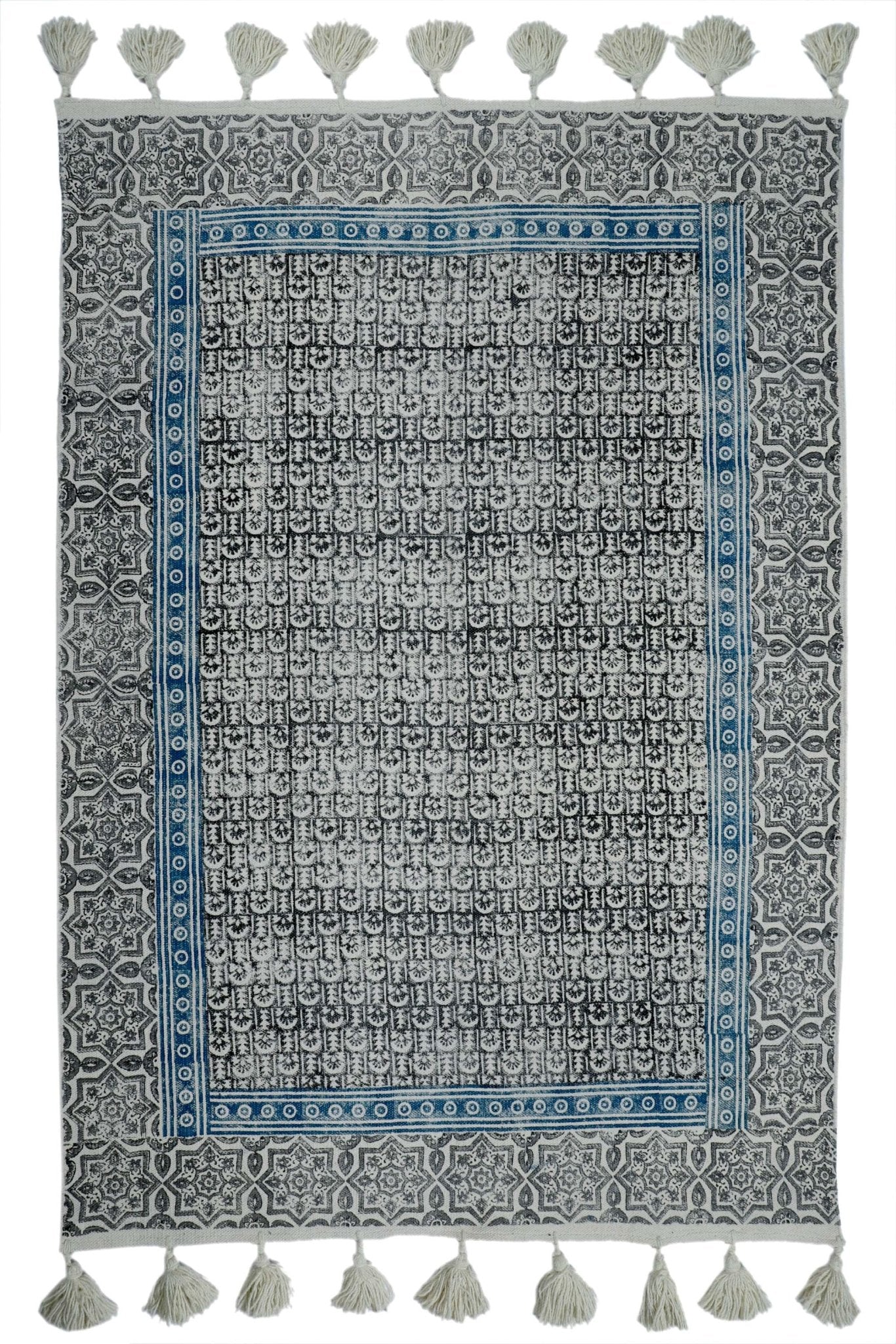 Block-Printed Cotton Dhurrie Rug in Black Traditional — Art Avenue