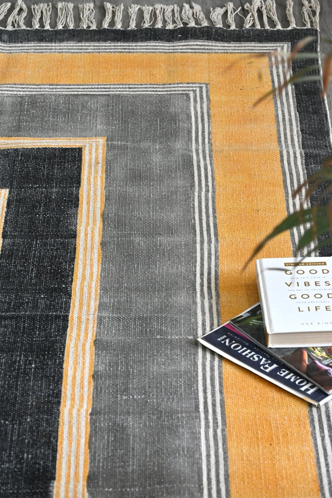 Penny Block-Printed Cotton Dhurrie Rug in Grey & Yellow — Art Avenue