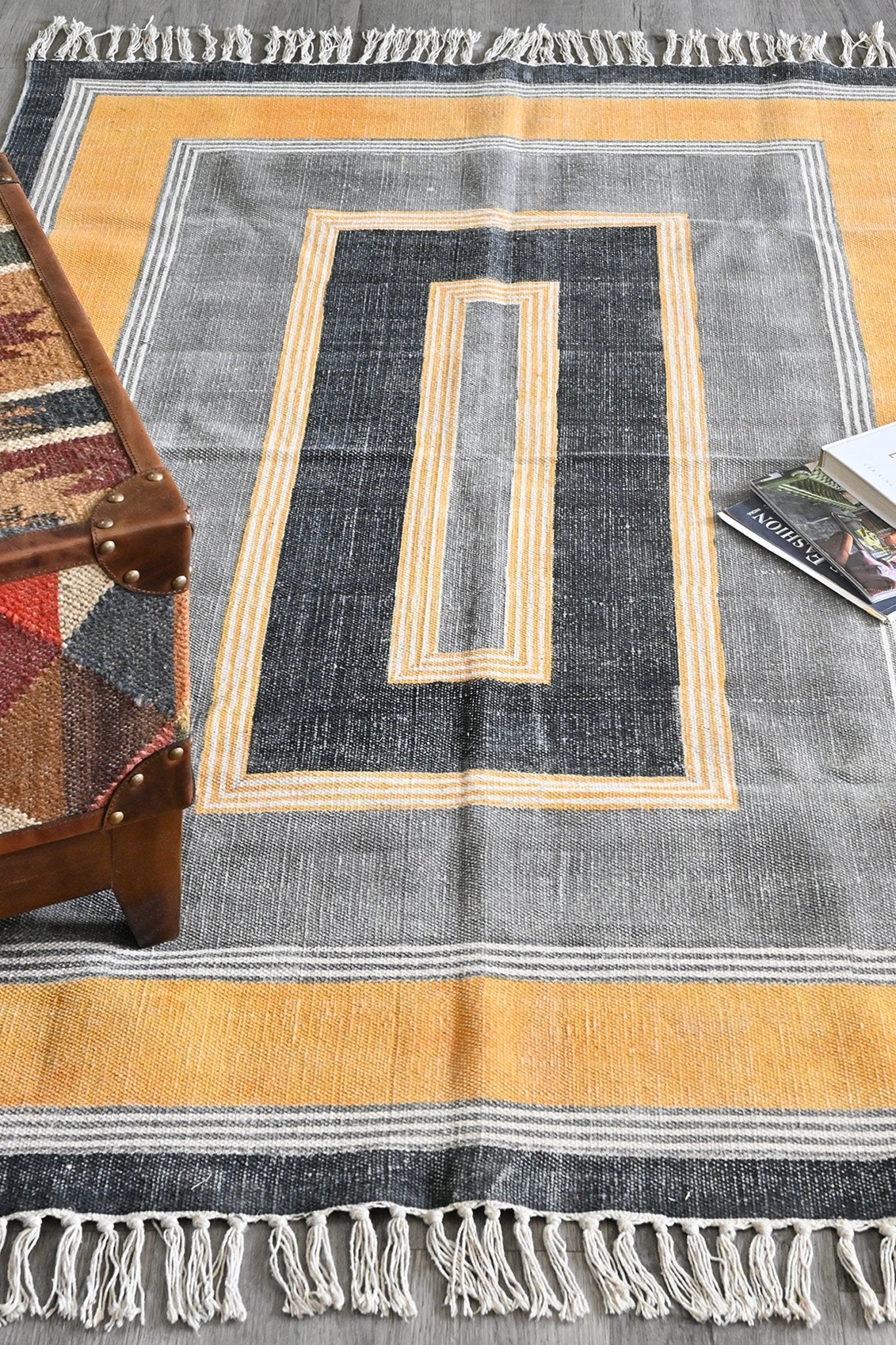 Penny Block-Printed Cotton Dhurrie Rug — multiple sizes — Art Avenue