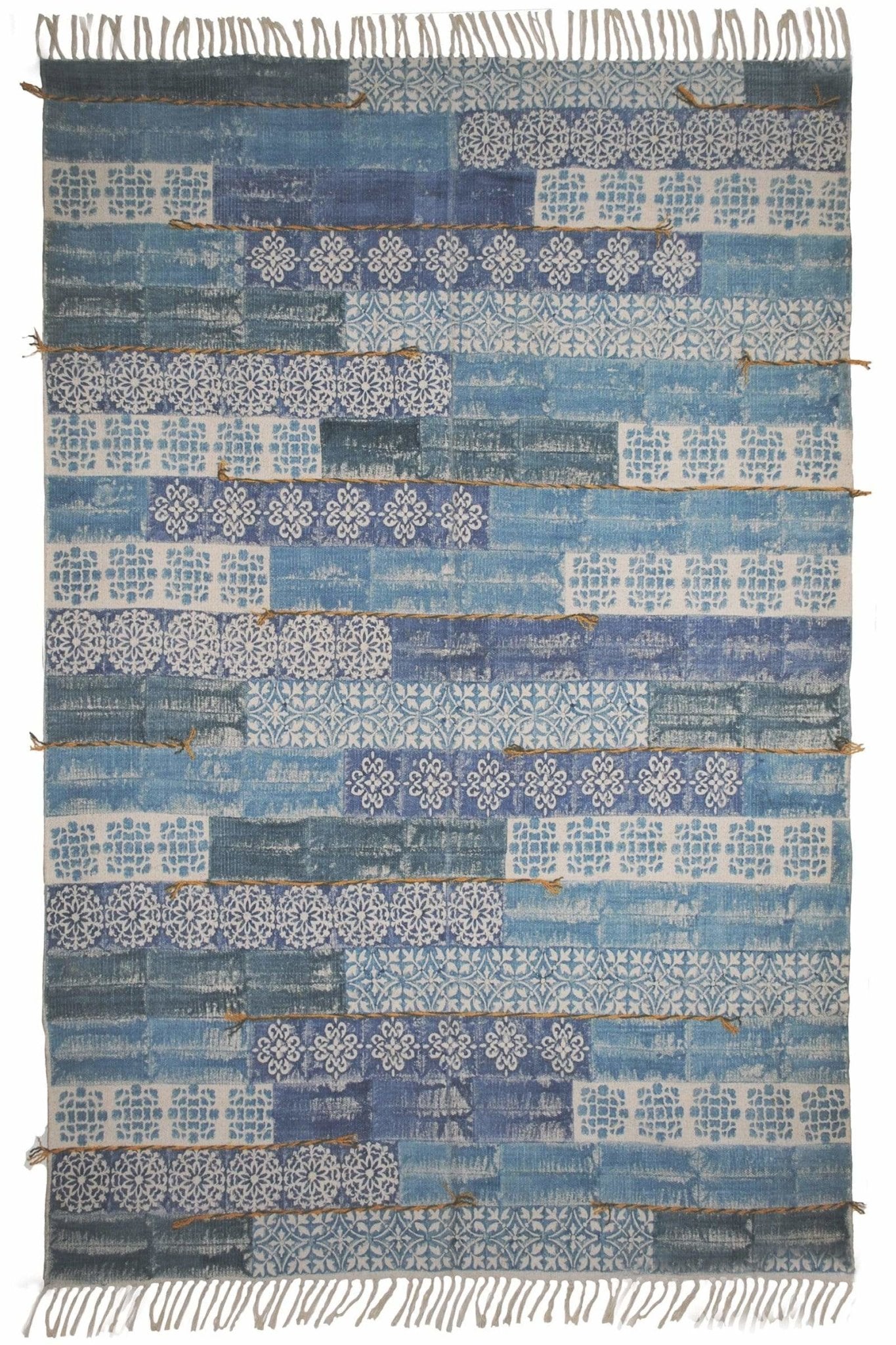 Detail of block-print on blue dhurrie rug — Art Avenue