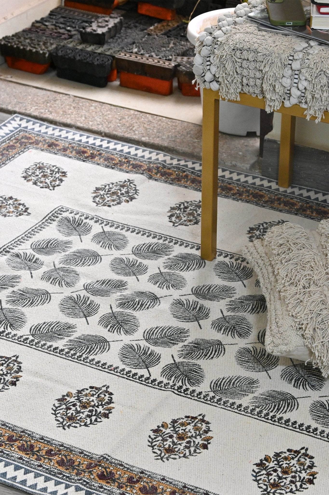 Block-Printed Cotton Dhurrie Rug in Green — Art Avenue