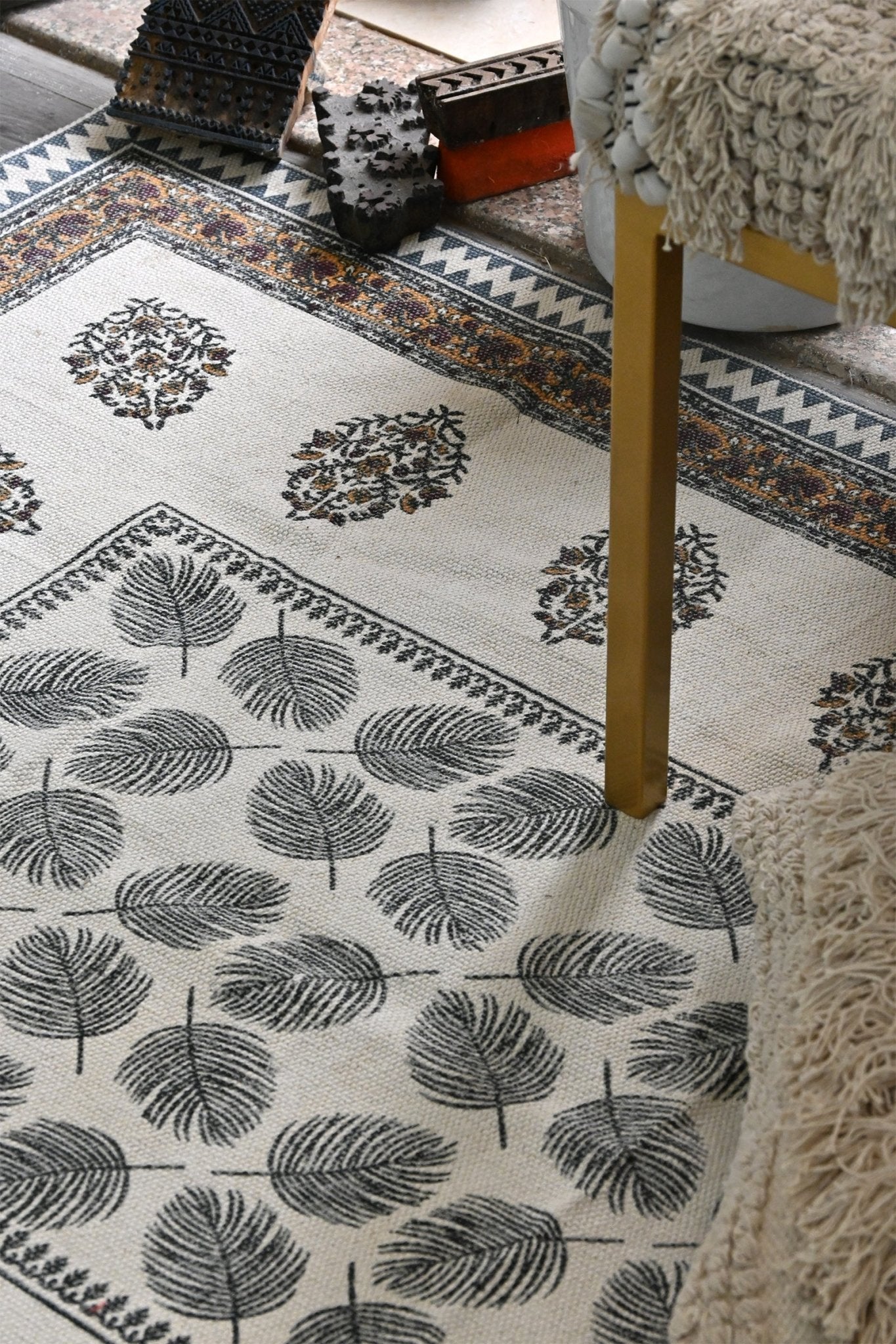 Peruvian Block-Printed Cotton Dhurrie Rug in Green — Art Avenue