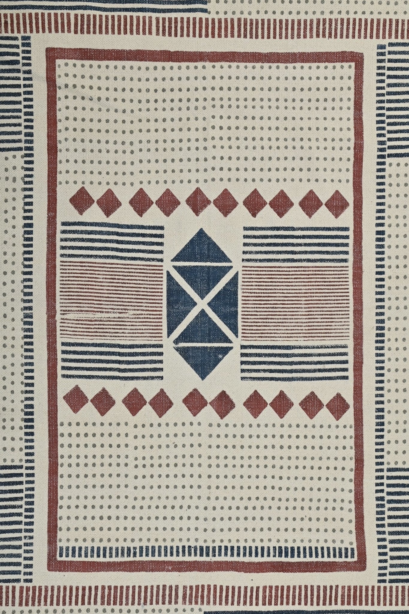 Peter Block-Printed Cotton Dhurrie Rug in Blue & Red — Art Avenue
