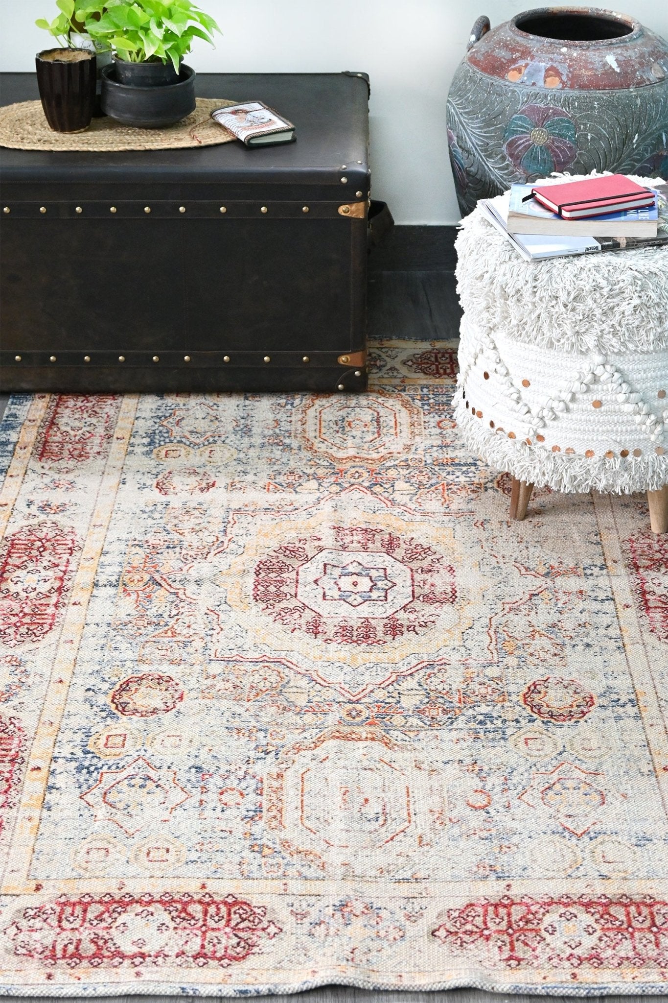 Petrova block-printed rug room setting — Art Avenue India