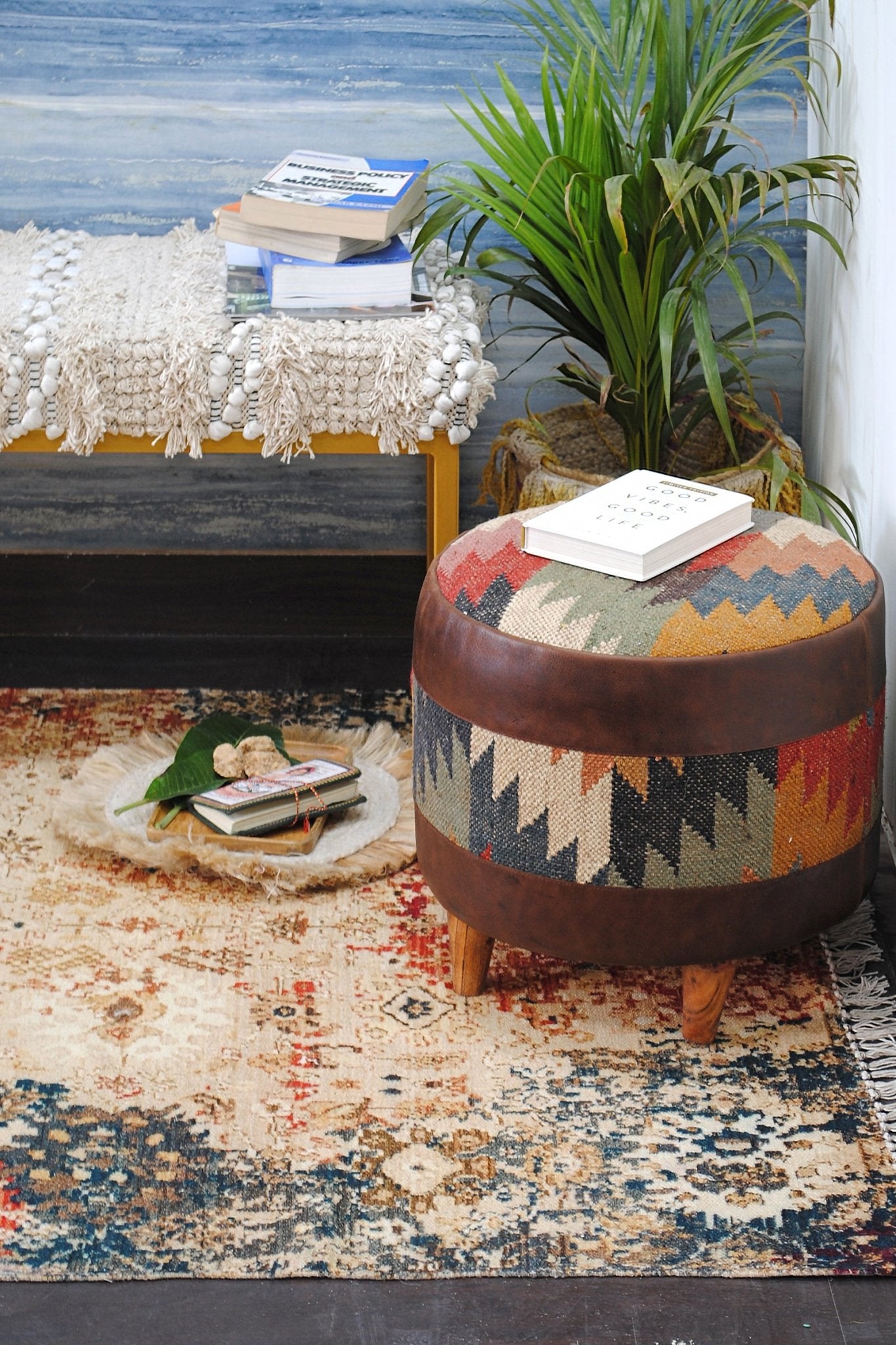 Puerto kilim and leather ottoman — handcrafted in Jaipur