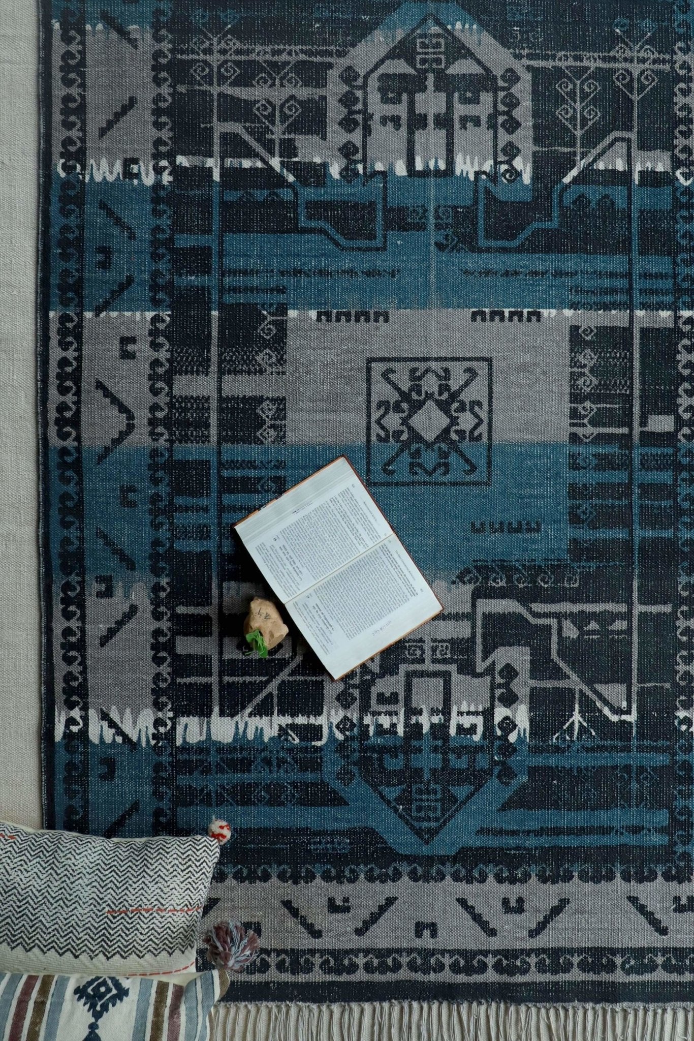 Phulera block-printed rug — turquoise handmade in Jaipur
