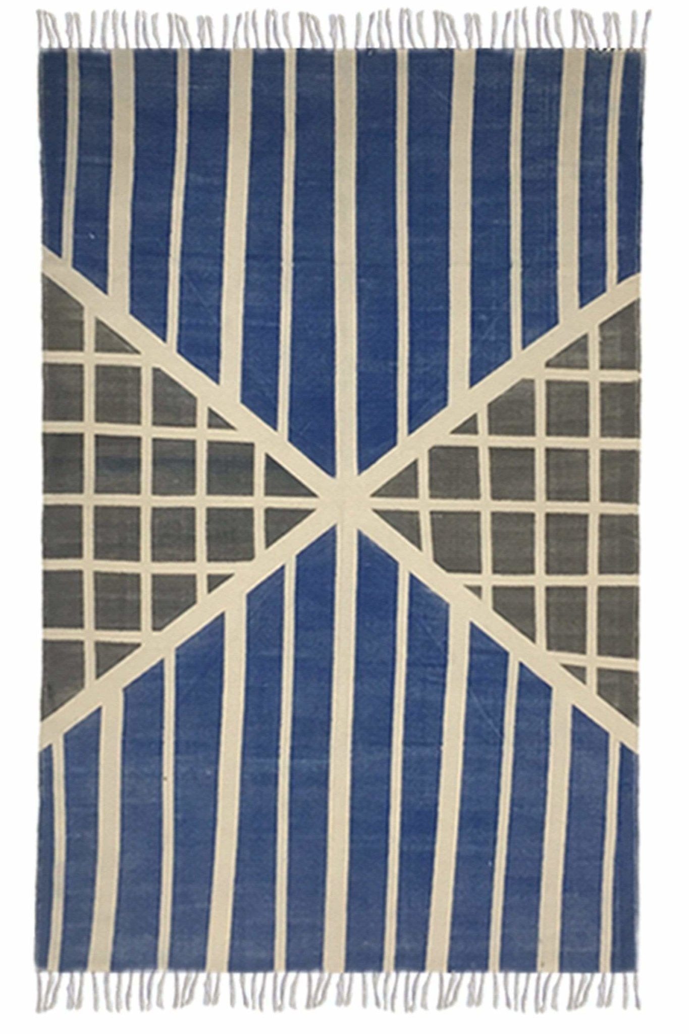 Block-Printed Cotton Dhurrie Rug in Blue Modern — Art Avenue