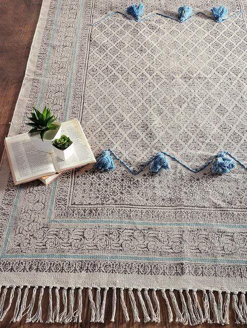 Rocksalt Block-Printed Cotton Dhurrie Rug — overhead view — Art Avenue