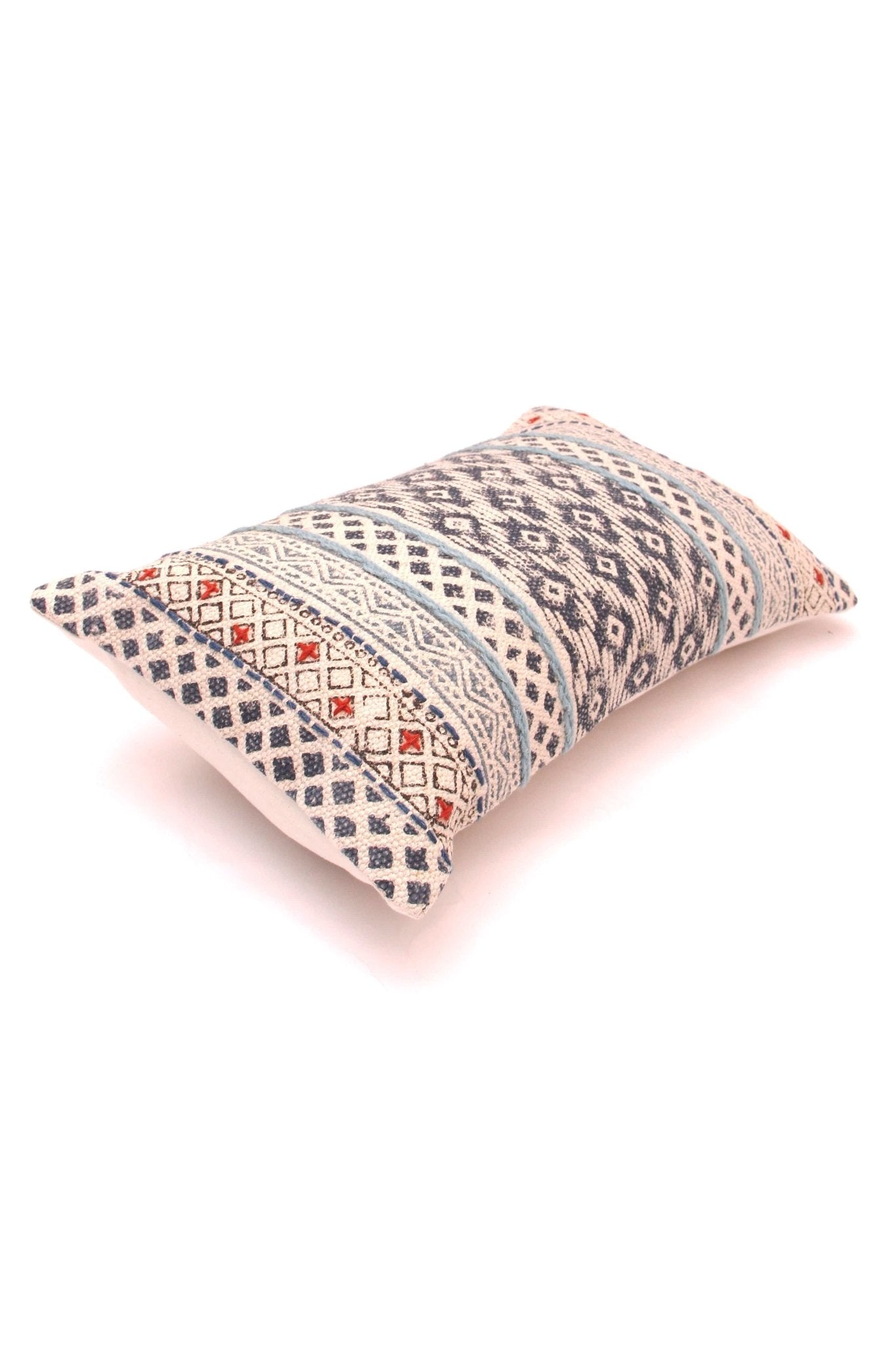 Detail of block-print embroidery on blue lumbar cushion cover — Art Avenue