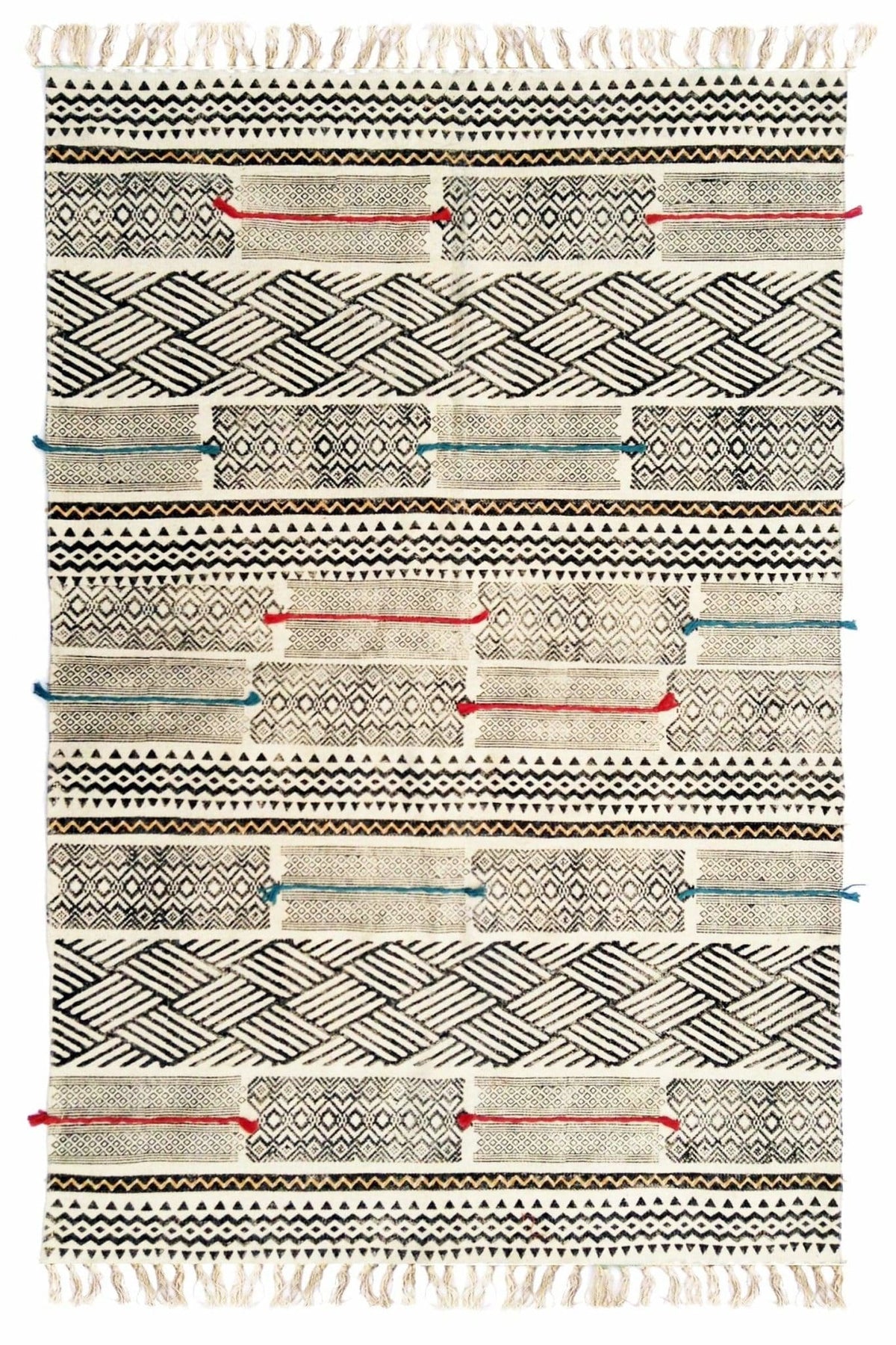 Saddler Block-Printed Cotton Dhurrie Rug — overhead view — Art Avenue