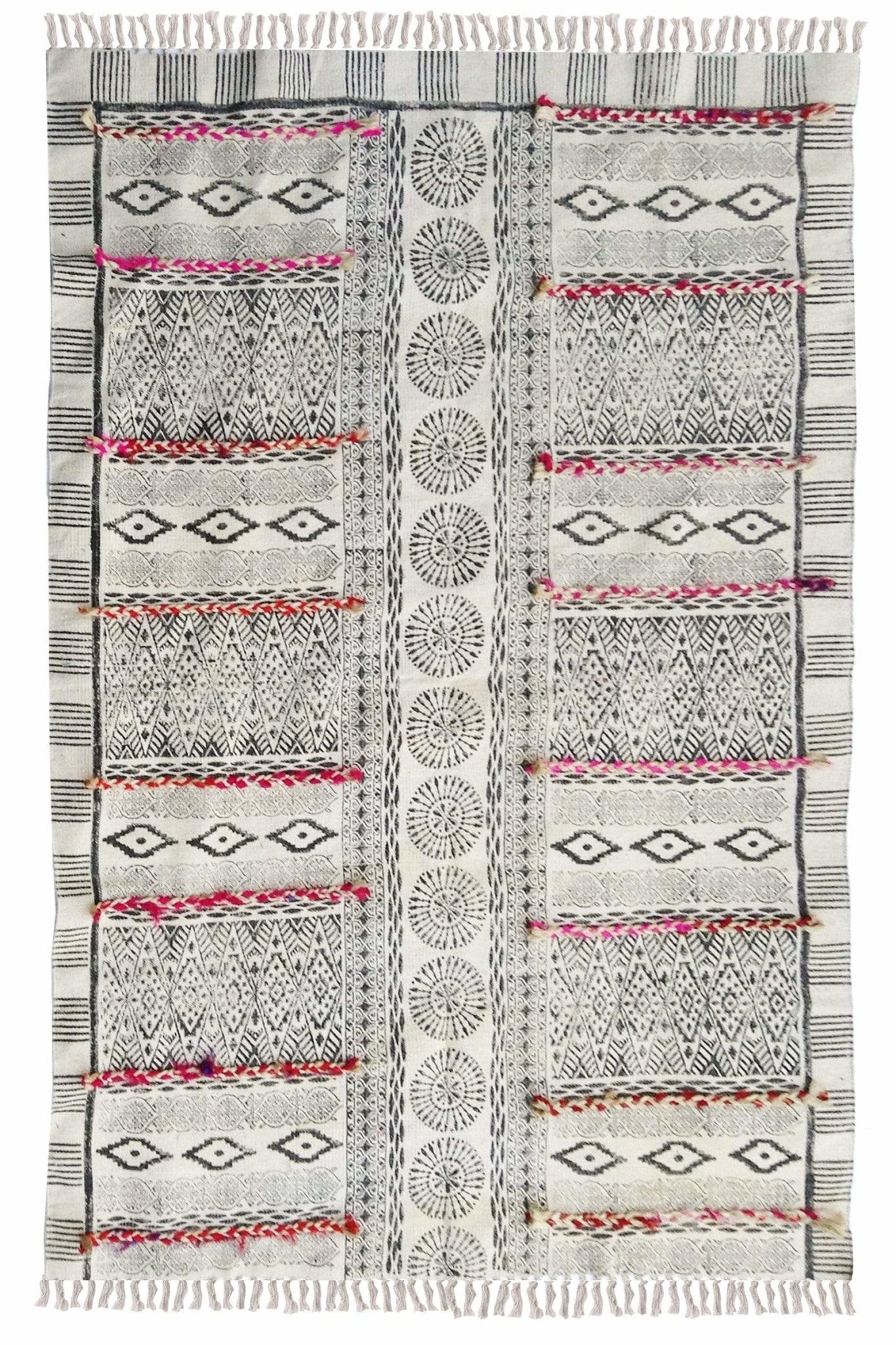 Safari Block-Printed Cotton Dhurrie Rug in Black — Art Avenue