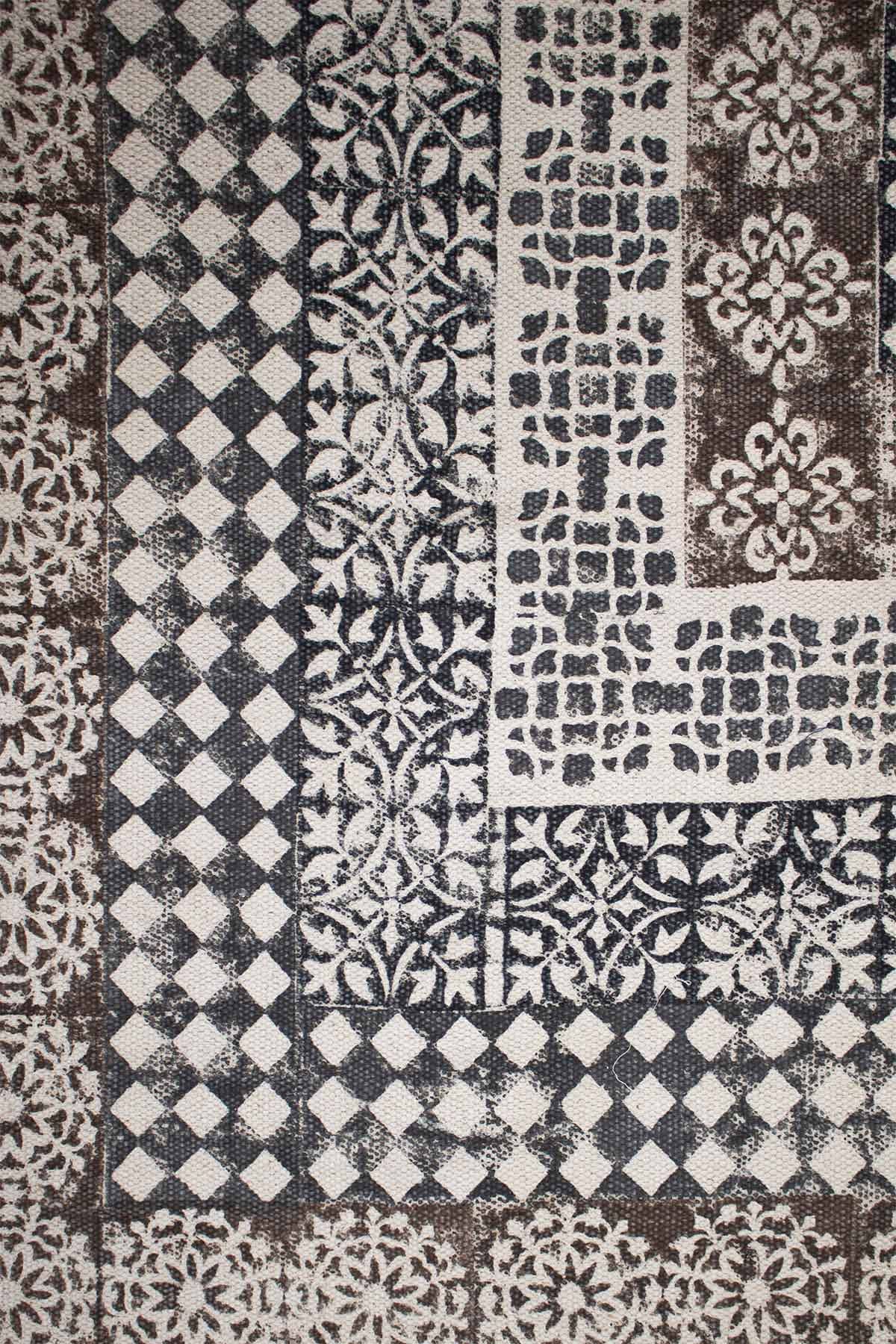 Block-printed cotton dhurrie rug in room setting — Art Avenue