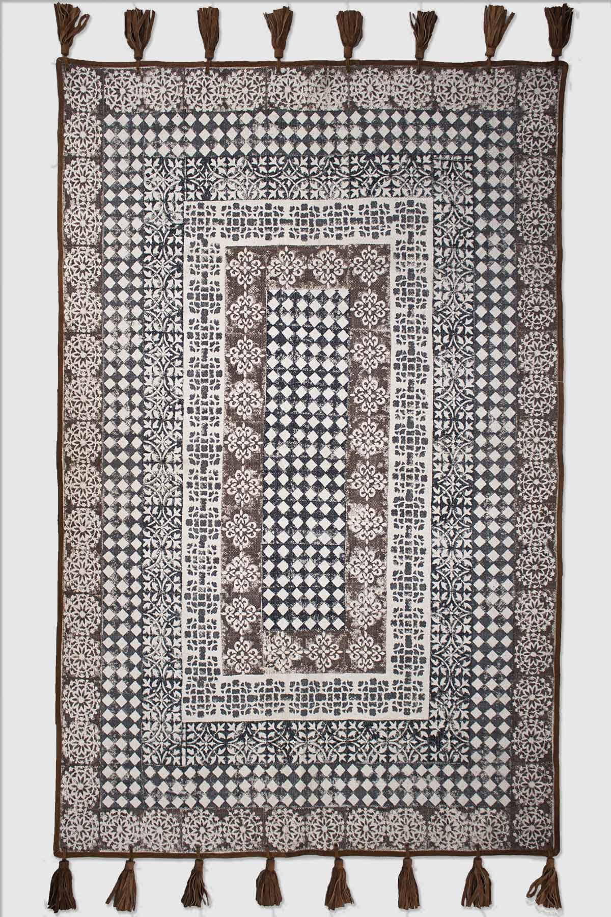Block-Printed Cotton Dhurrie Rug in Brown Modern — Art Avenue