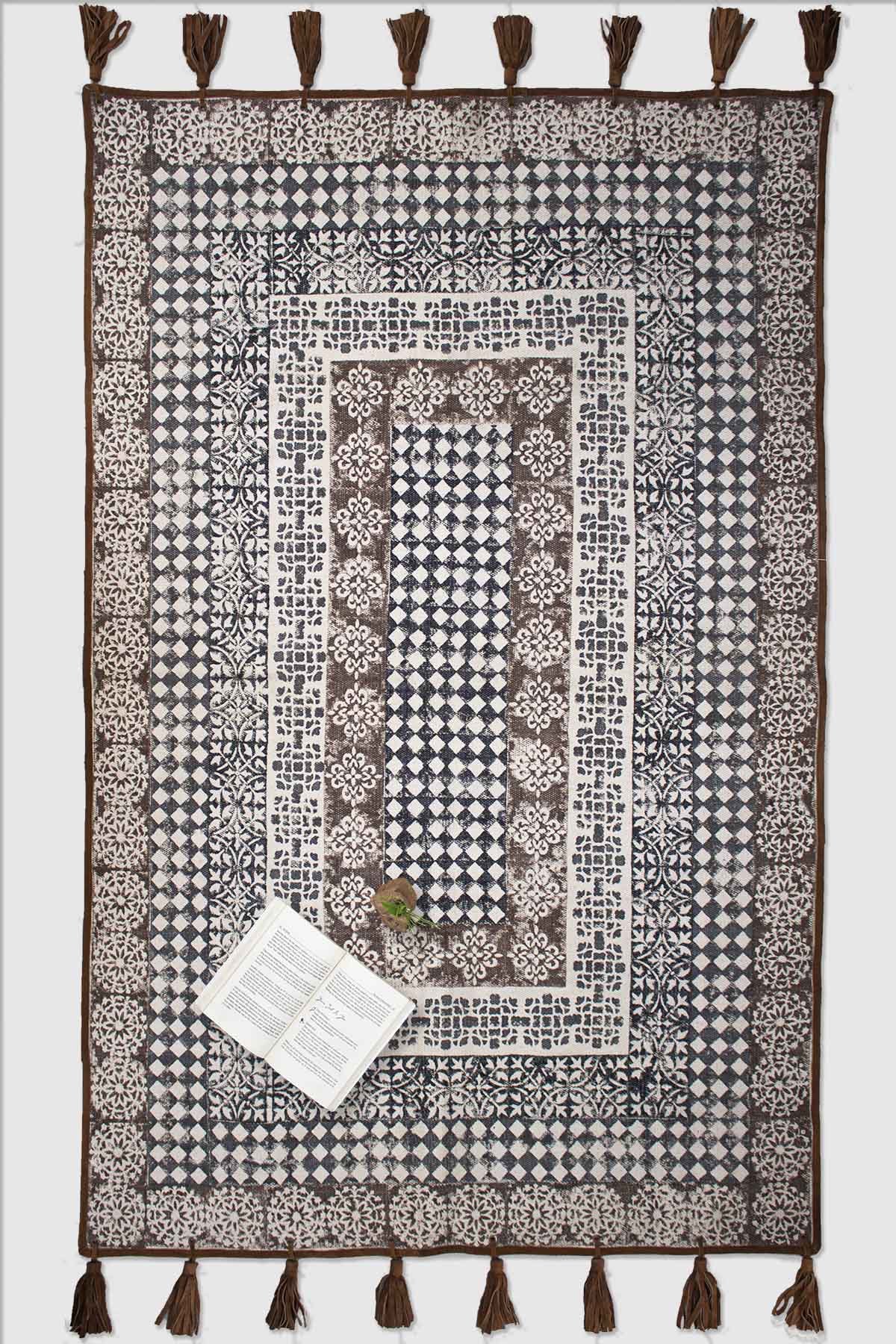 Saffron Block-Printed Cotton Dhurrie Rug in Brown — Art Avenue