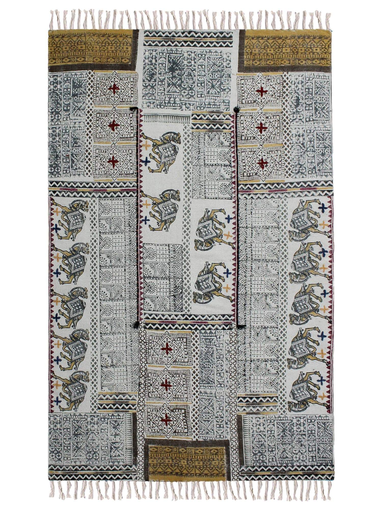 Sail Block-Printed Cotton Dhurrie Rug in Black & Mustard — Art Avenue