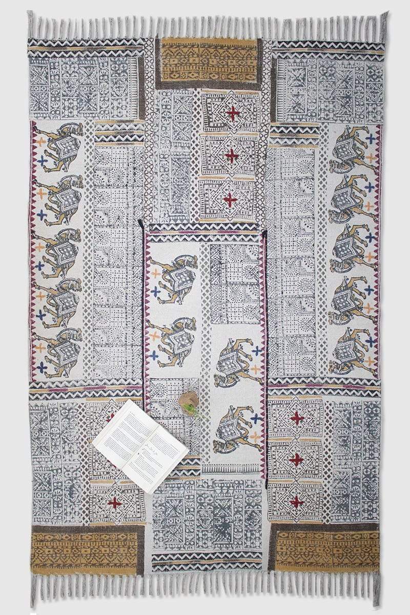 Block-Printed Cotton Dhurrie Rug in Black & Mustard Traditional — Art Avenue