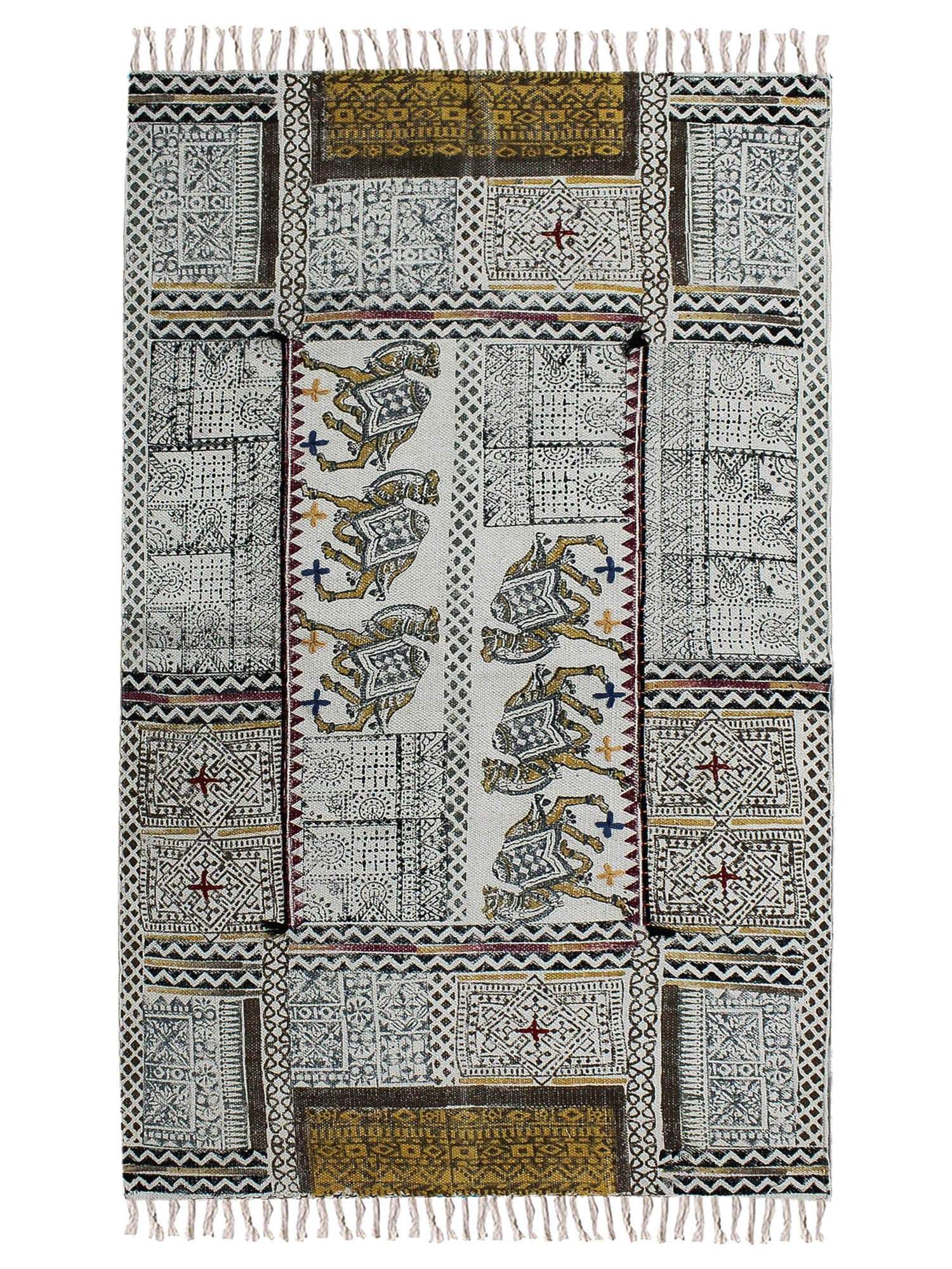 Detail of block-print on black dhurrie rug — Art Avenue