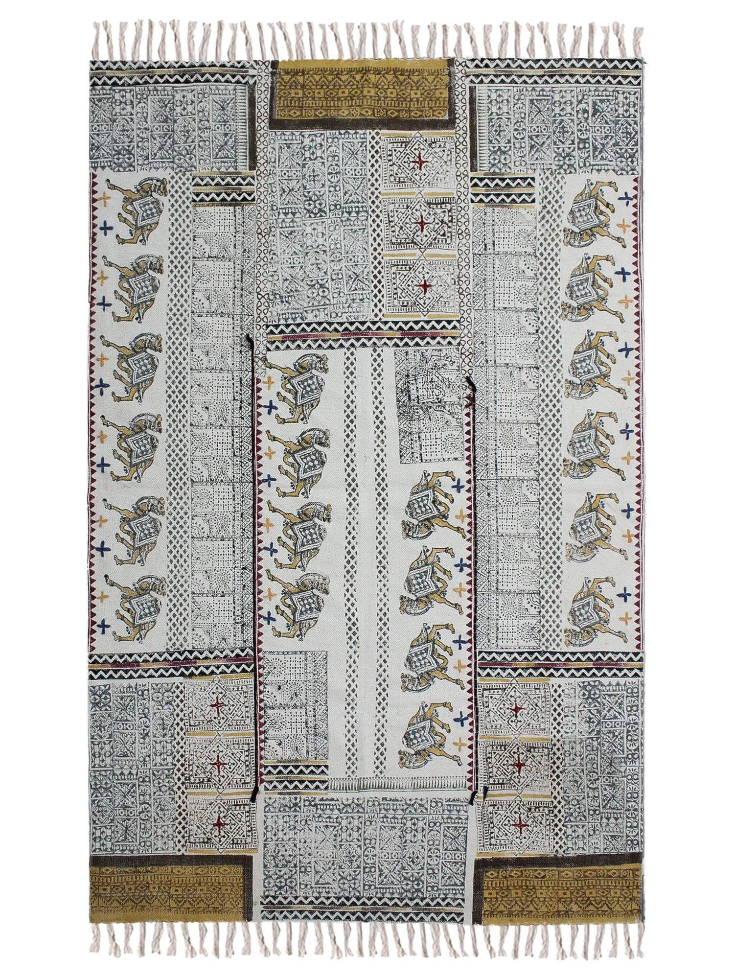 Block-printed cotton dhurrie rug in room setting — Art Avenue