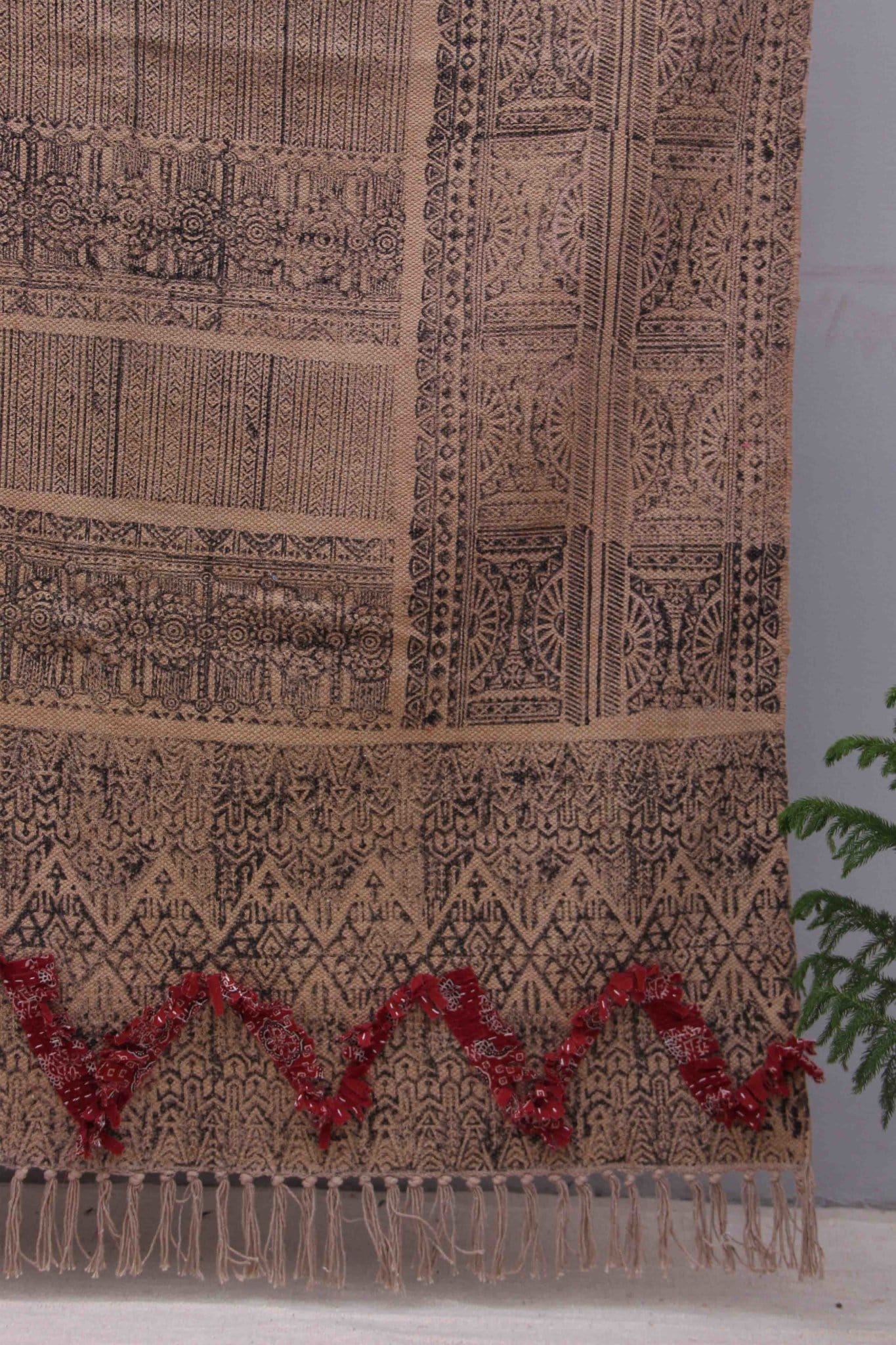 Block-printed cotton dhurrie rug in room setting — Art Avenue