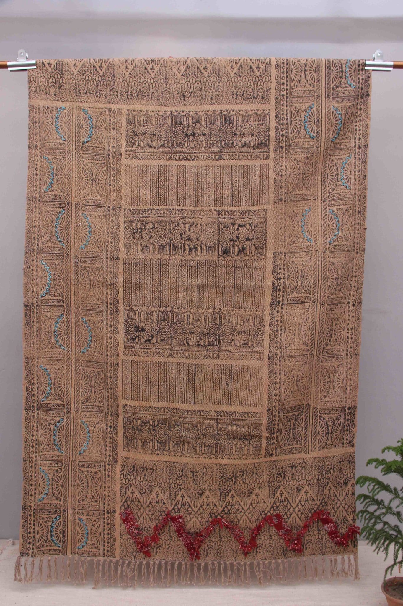 Block-Printed Cotton Dhurrie Rug in Brown Traditional — Art Avenue