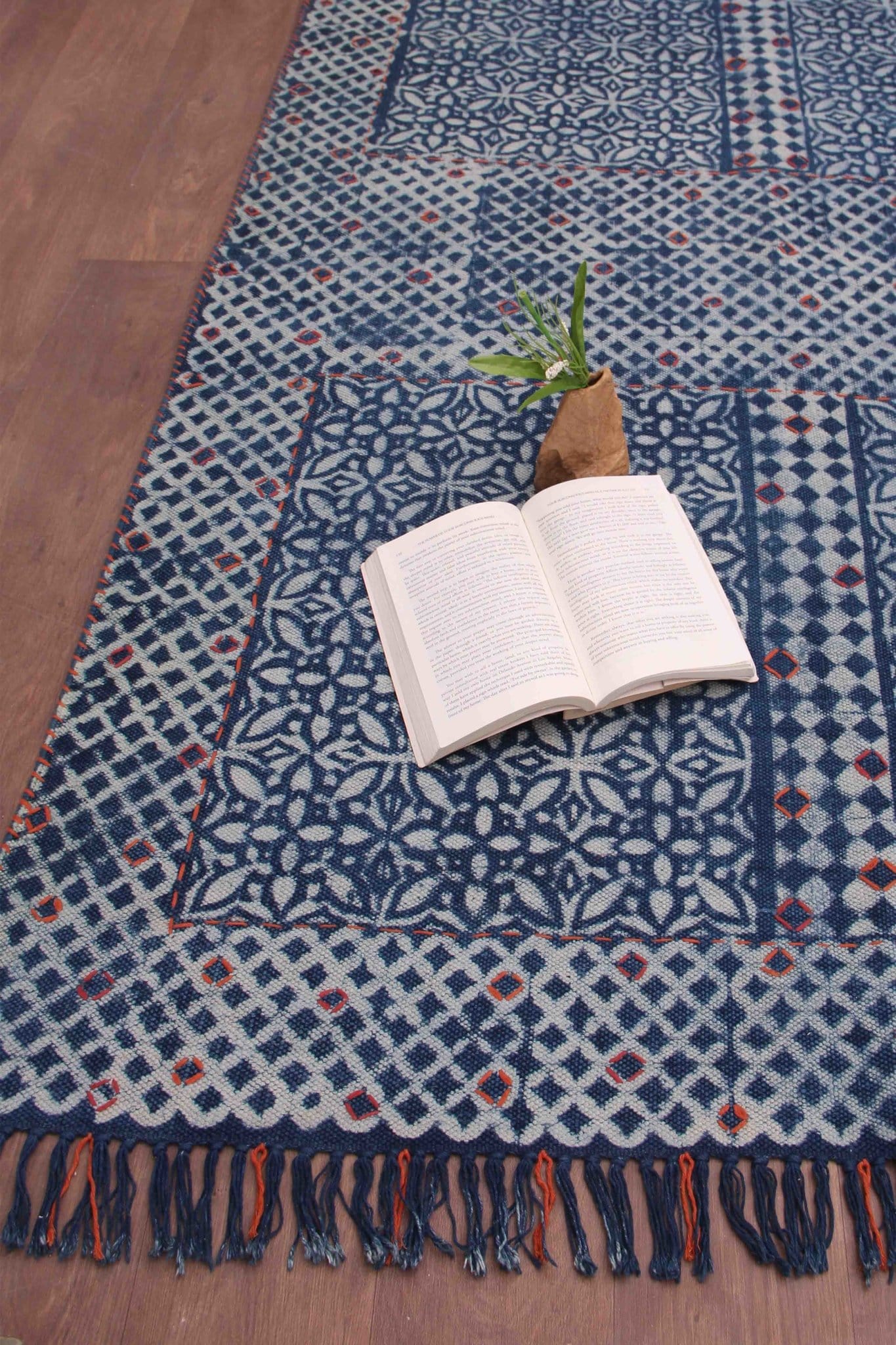 Detail of block-print on indigo dhurrie rug — Art Avenue