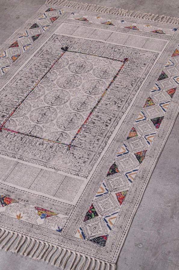 Seemly Block-Printed Cotton Dhurrie Rug — overhead view — Art Avenue