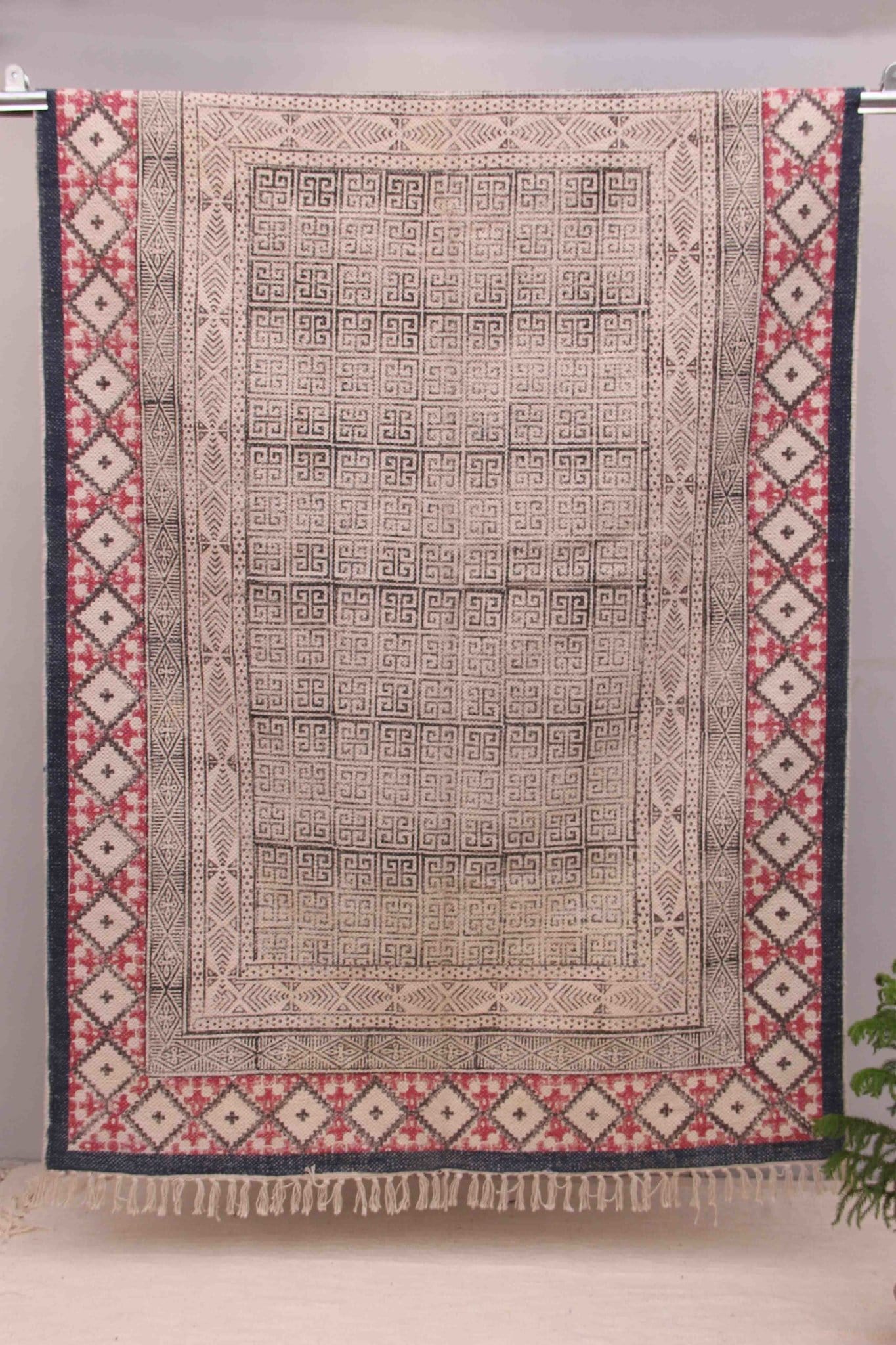Block-Printed Cotton Dhurrie Rug in Black Modern — Art Avenue