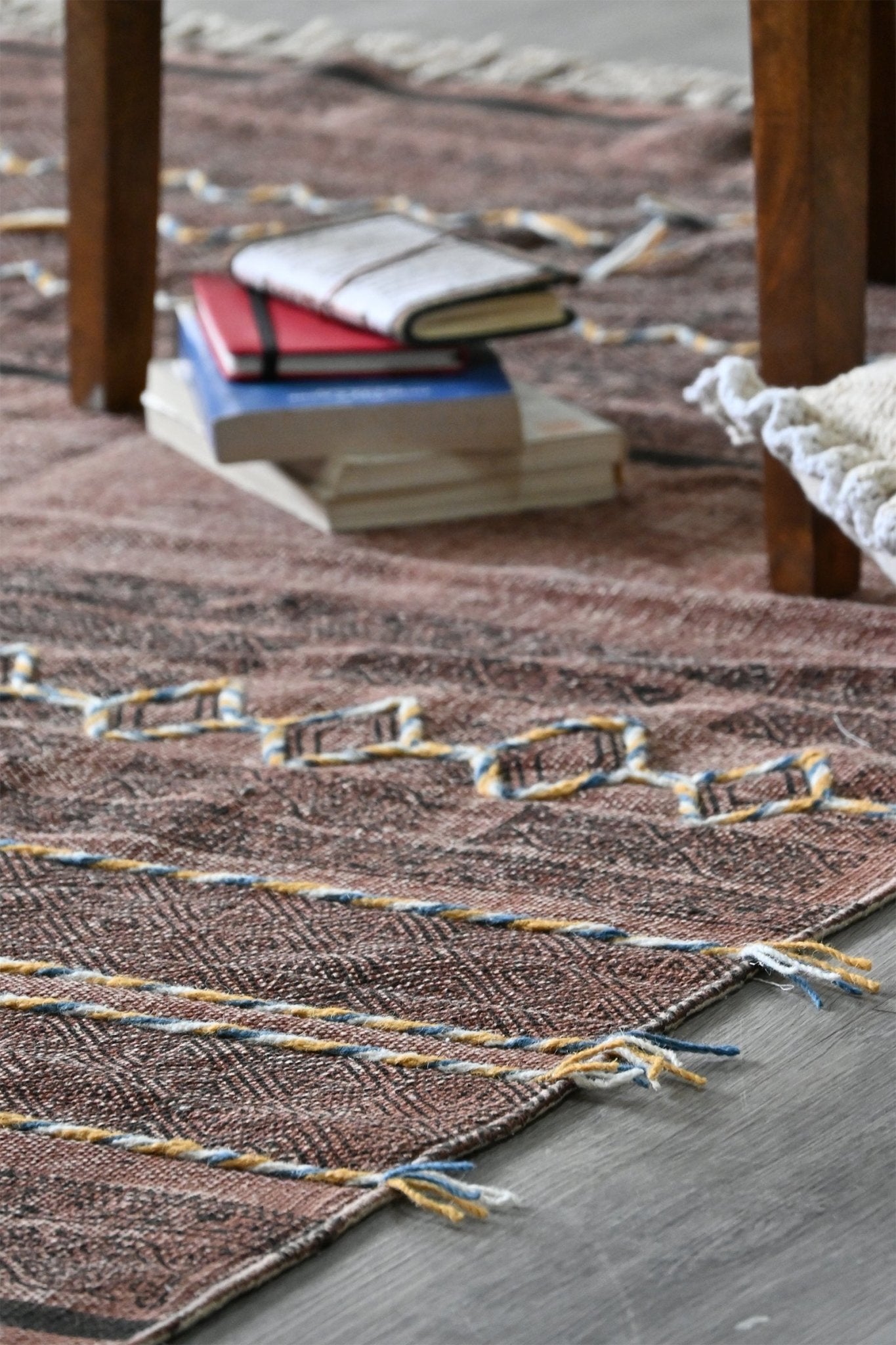 Detail of block-print on brown dhurrie rug — Art Avenue