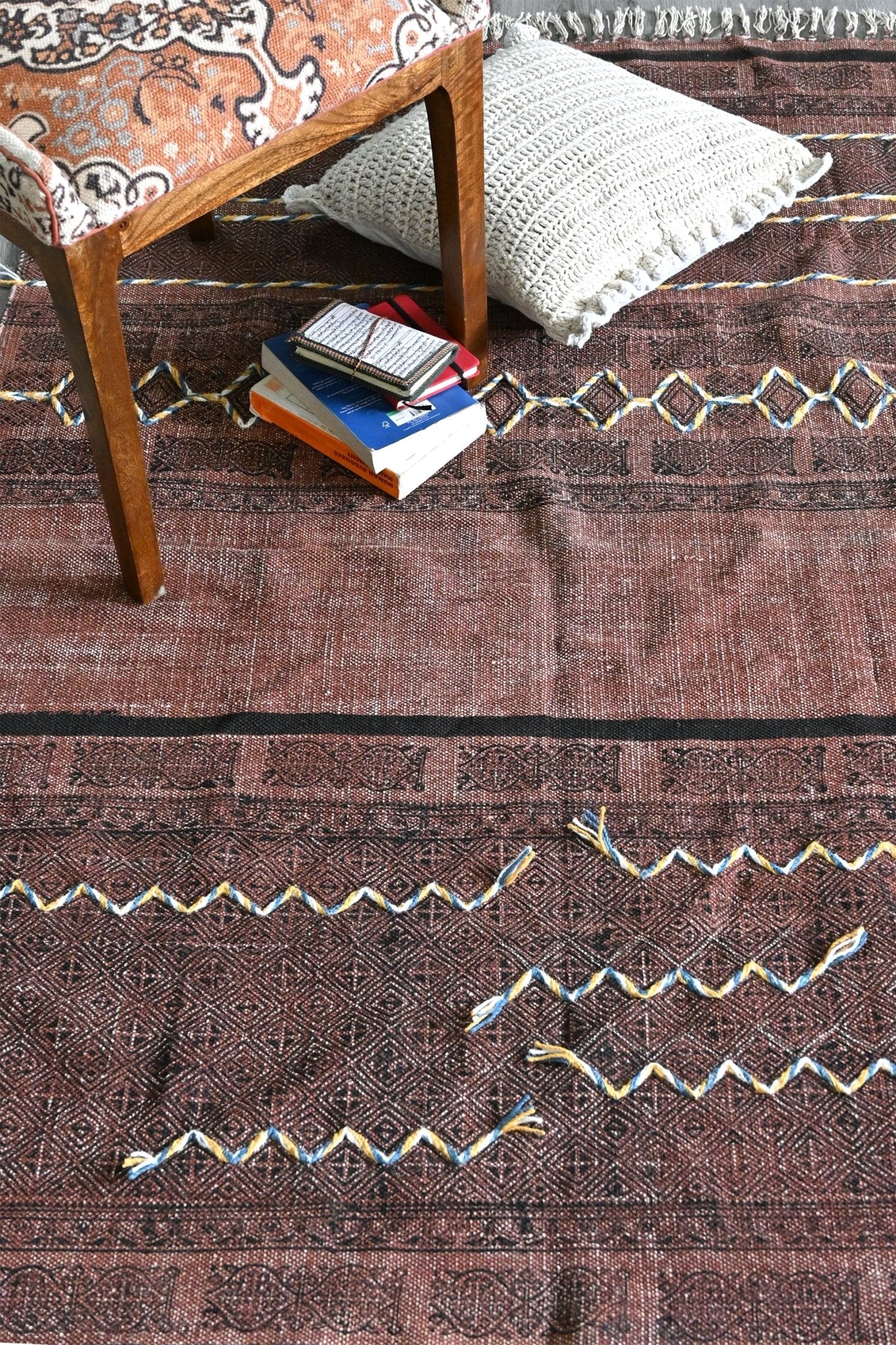 Block-printed cotton dhurrie rug in room setting — Art Avenue