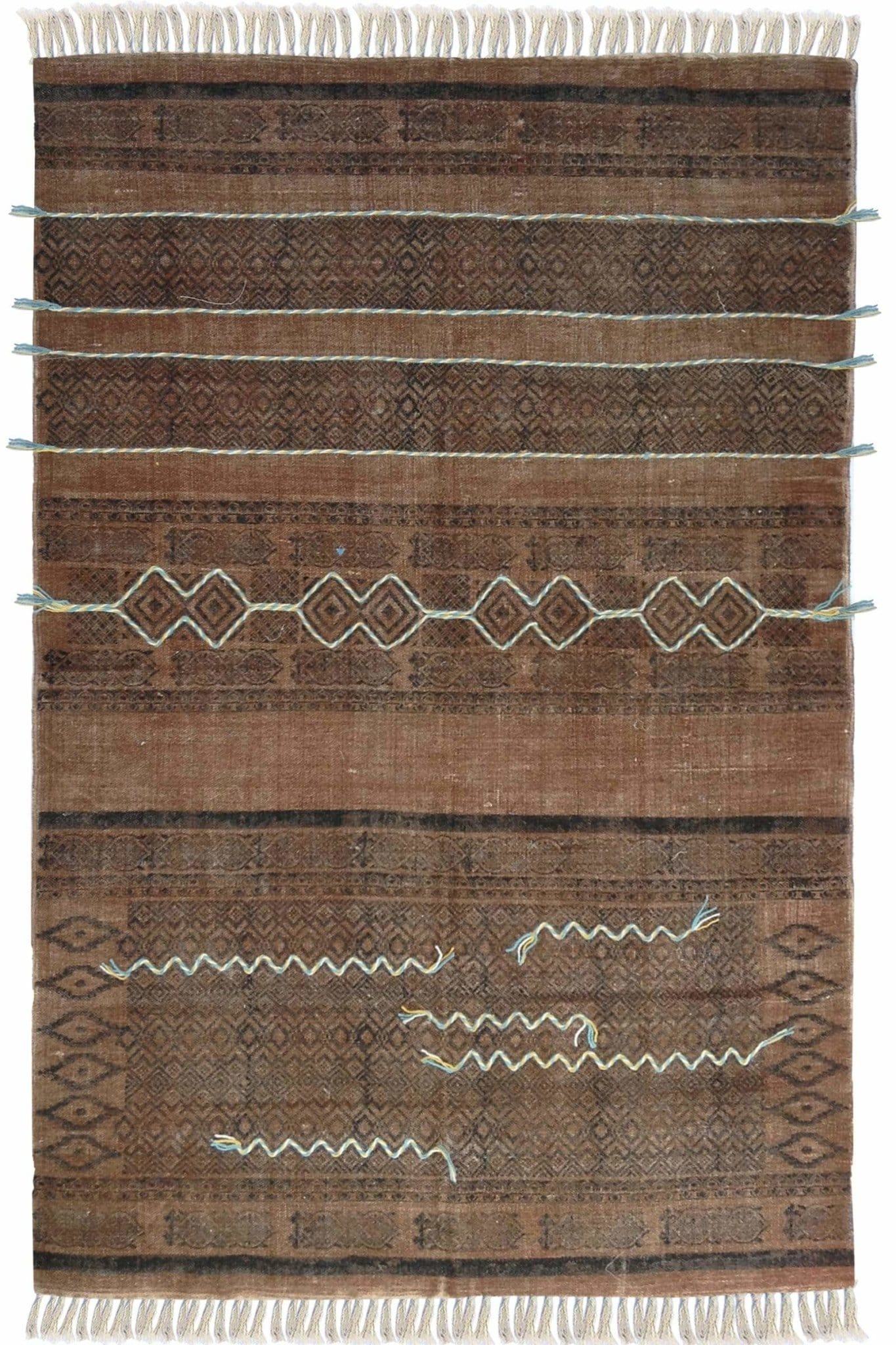 Block-Printed Cotton Dhurrie Rug in Brown Modern — Art Avenue