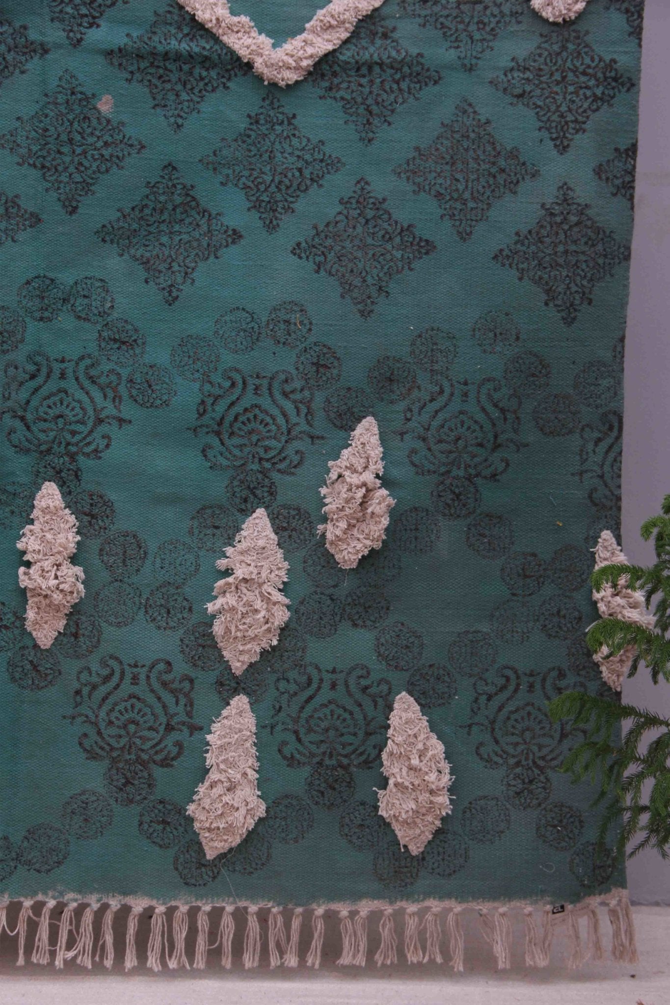 Block-printed cotton dhurrie rug in room setting — Art Avenue