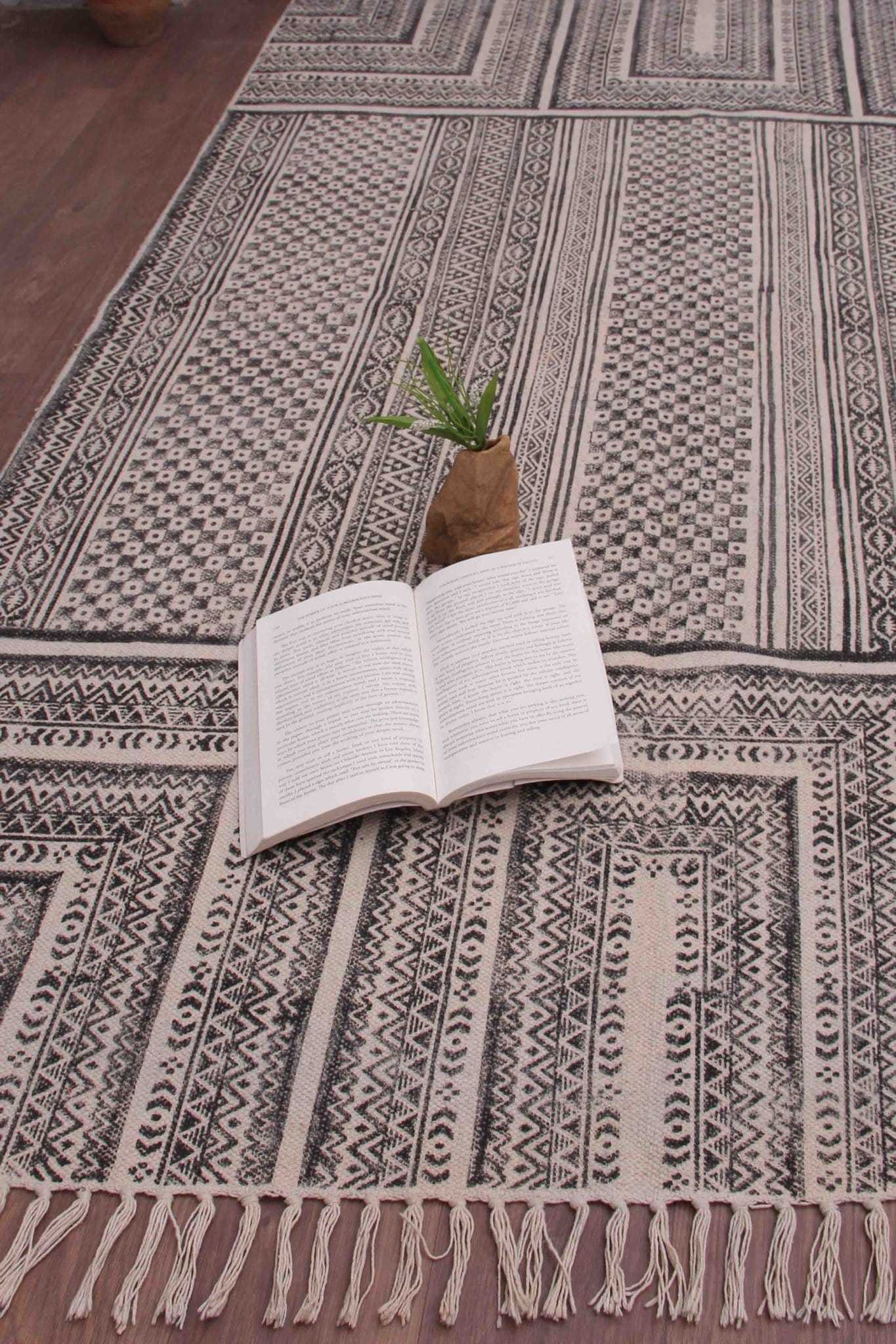 Block-printed cotton dhurrie rug in room setting — Art Avenue