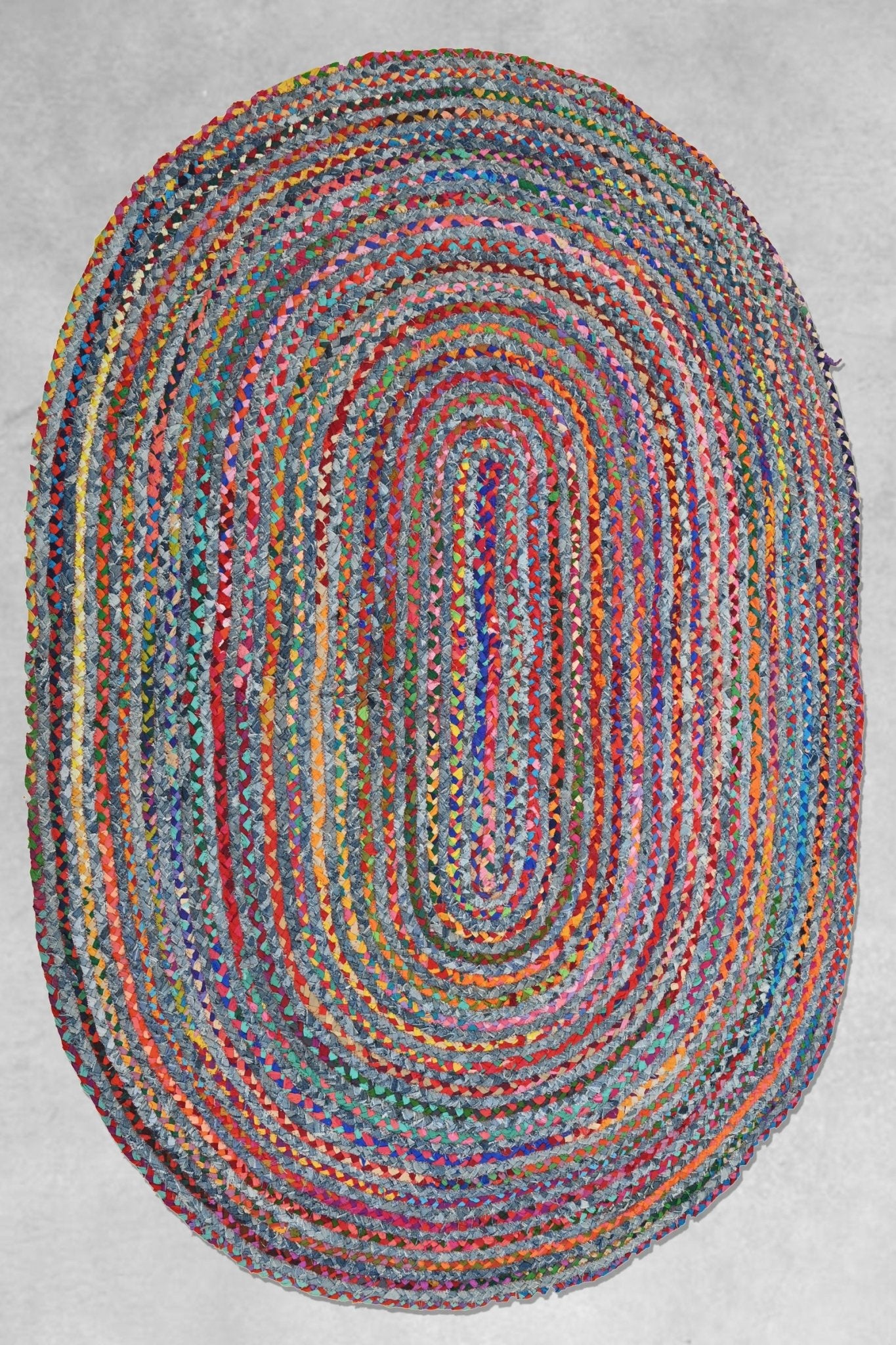 Serena braided denim chindi rug oval — handmade in Jaipur