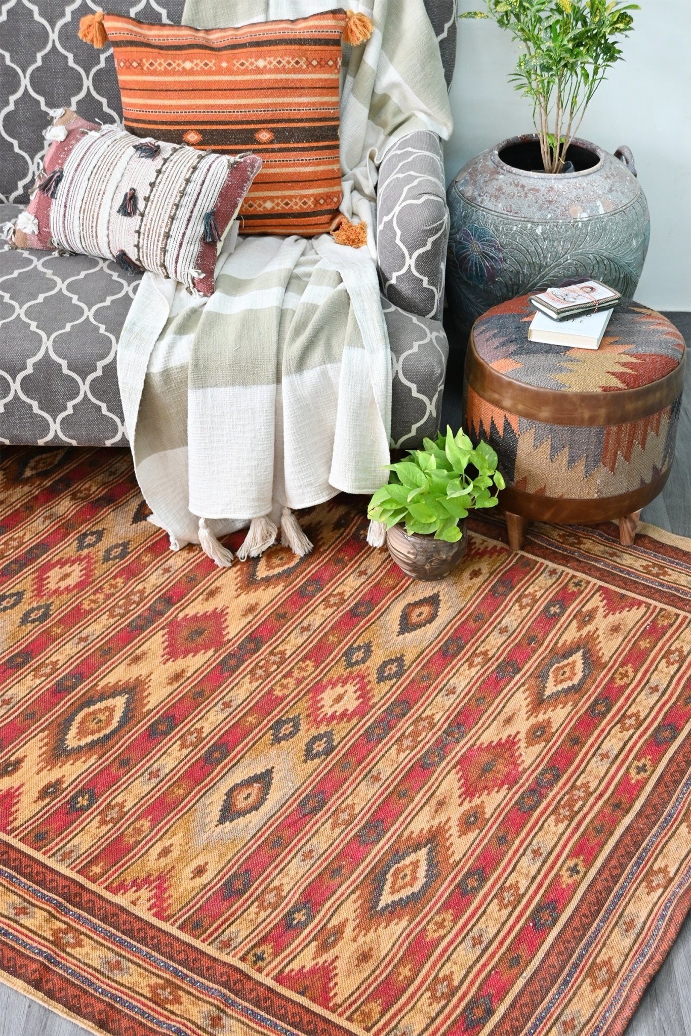 Shalom block-printed rug room setting — Art Avenue India