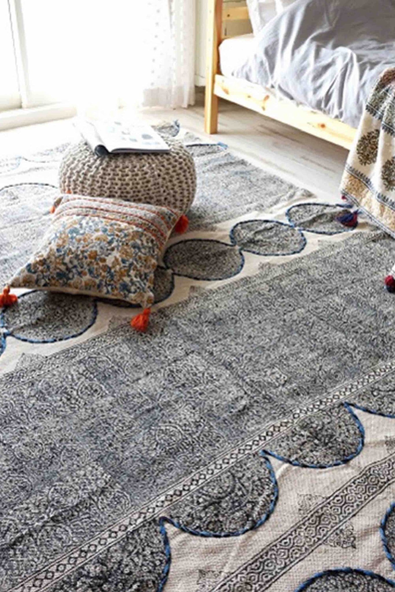 Block-printed cotton dhurrie rug in room setting — Art Avenue