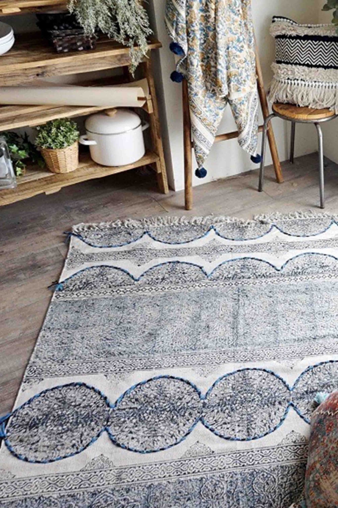 Detail of block-print on blue dhurrie rug — Art Avenue