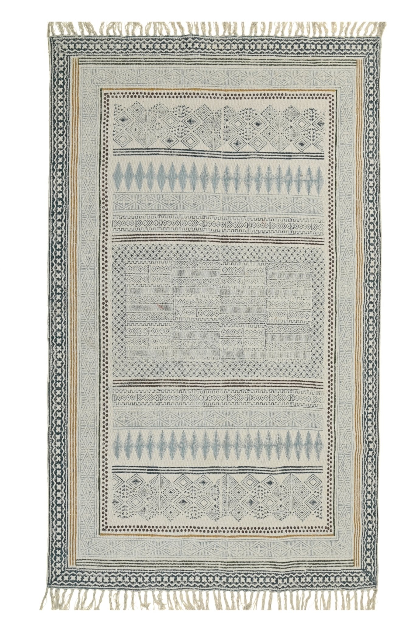 Snowdrop Block-Printed Cotton Dhurrie Rug — overhead view — Art Avenue