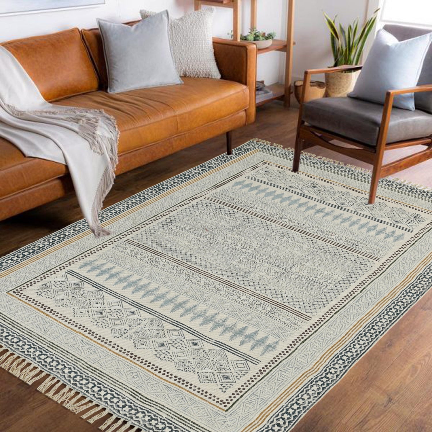 Detail of traditional block-print on cotton dhurrie rug — Art Avenue