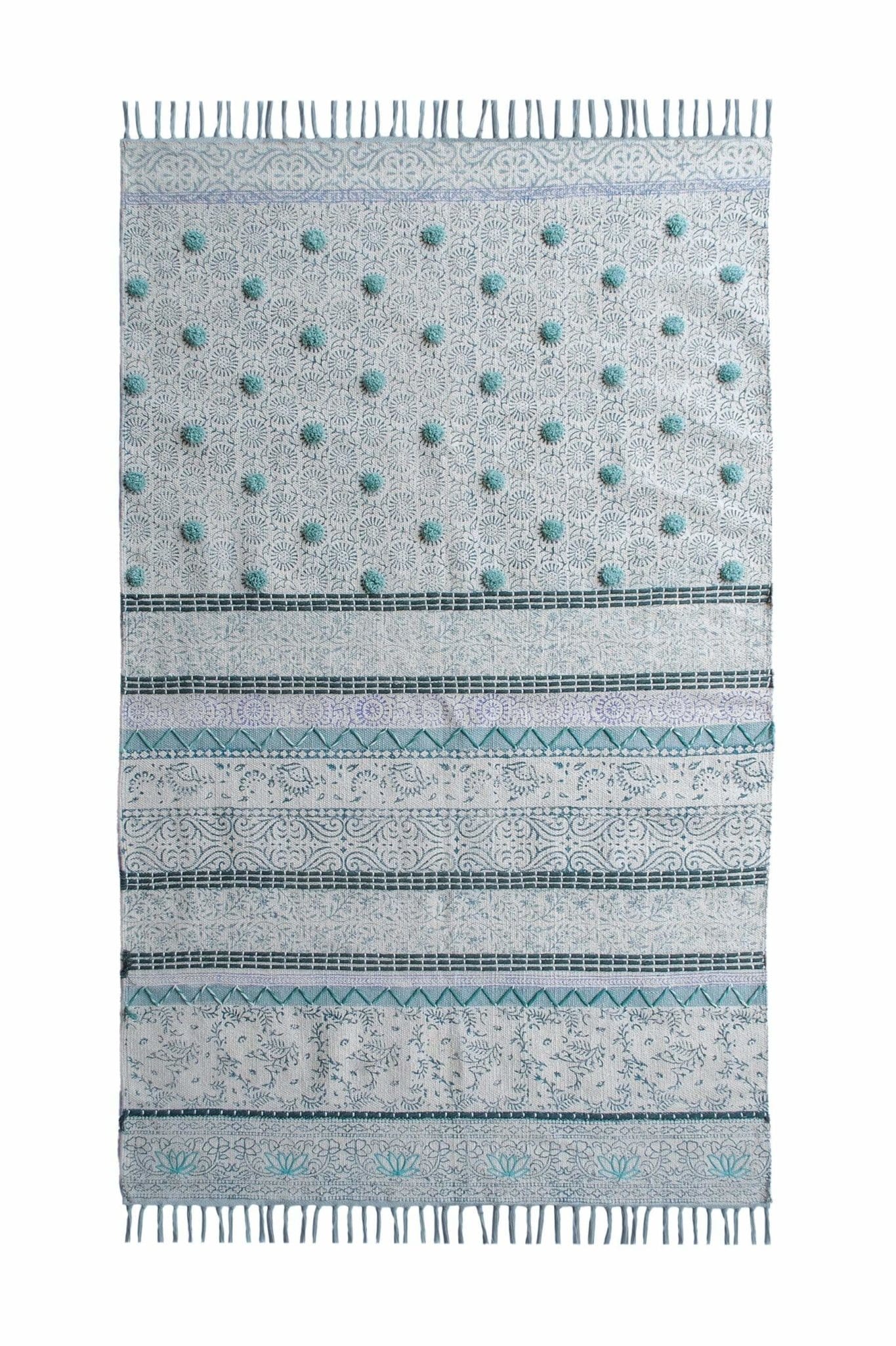 Block-Printed Cotton Dhurrie Rug in Aqua Modern — Art Avenue