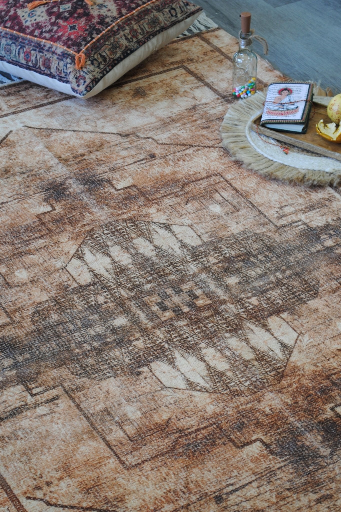 Trapezium block-printed rug room setting — Art Avenue India