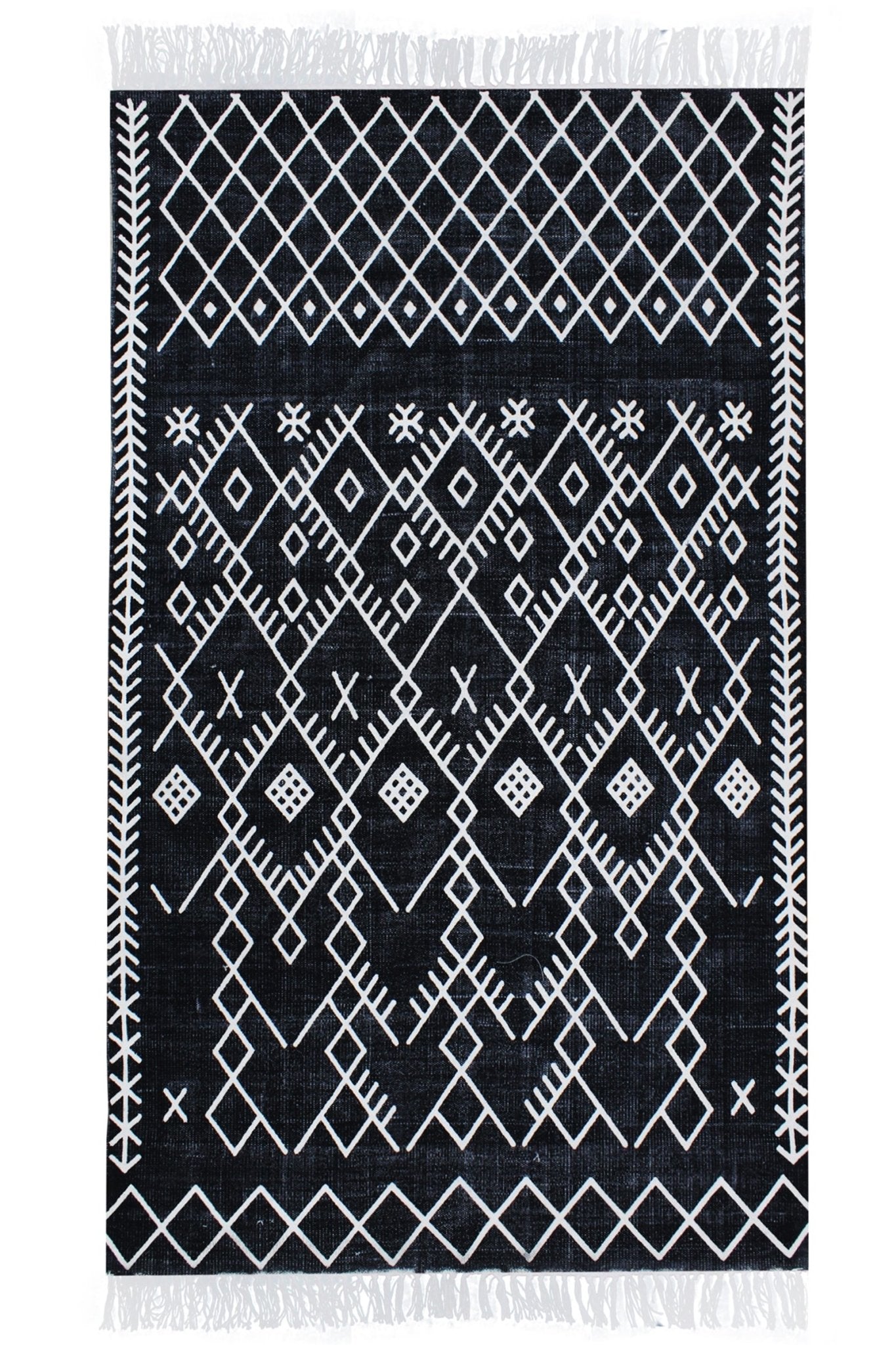 Victoria block-printed rug — black handmade in Jaipur