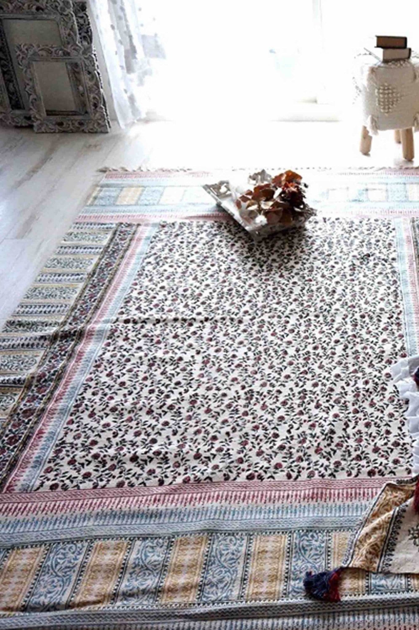 Walter Block-Printed Cotton Dhurrie Rug in Blue & Yellow — Art Avenue
