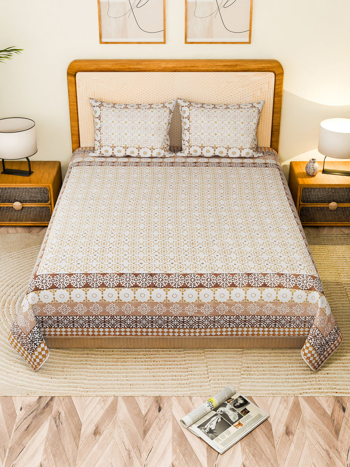 RESTIQUE COTTON PRINTED DOUBLE BEDSHEET WITH PILLOW