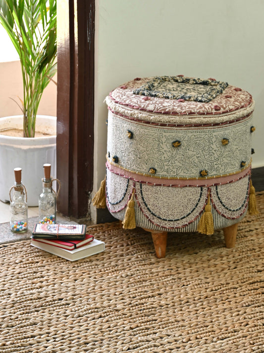 Kilim-Upholstered Cylindrical Ottoman in Brown — Art Avenue