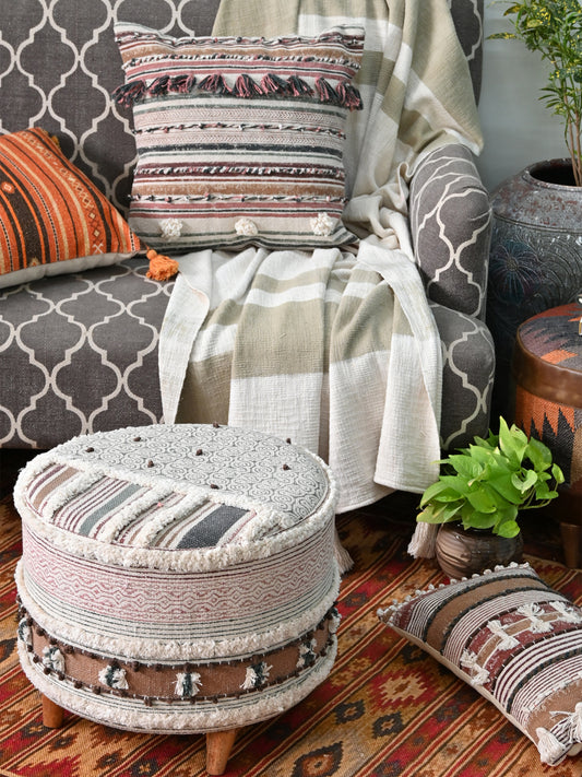 Kilim-Upholstered Cylindrical Ottoman in Brown — Art Avenue