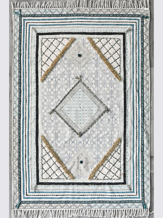 Block-Printed Cotton Dhurrie Rug in Blue, Green & Grey Floral — Art Avenue